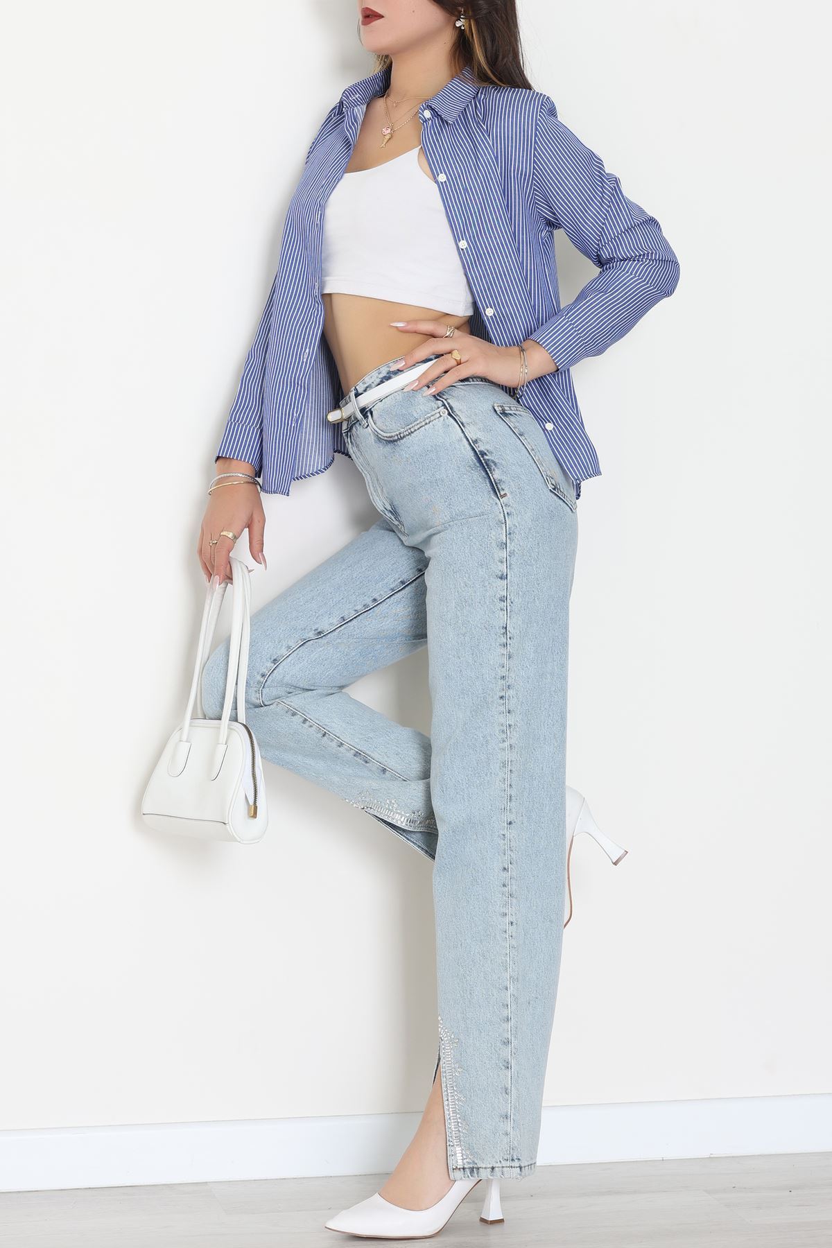 Pamuk Polyester Çizgili Gömlek Açıkmavibeyaz1 - 51064.147.