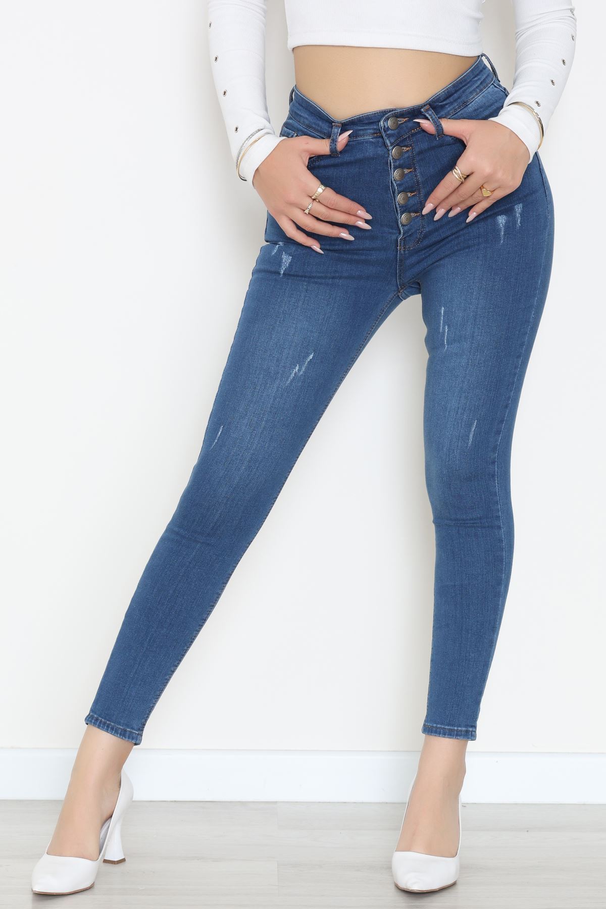 Düğmeli Dar Paça Kot Pantolon Mavi - 42700.2121.