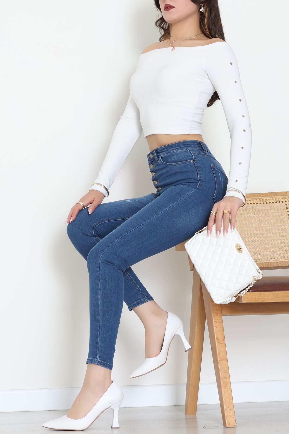 Düğmeli Dar Paça Kot Pantolon Mavi - 42700.2121.