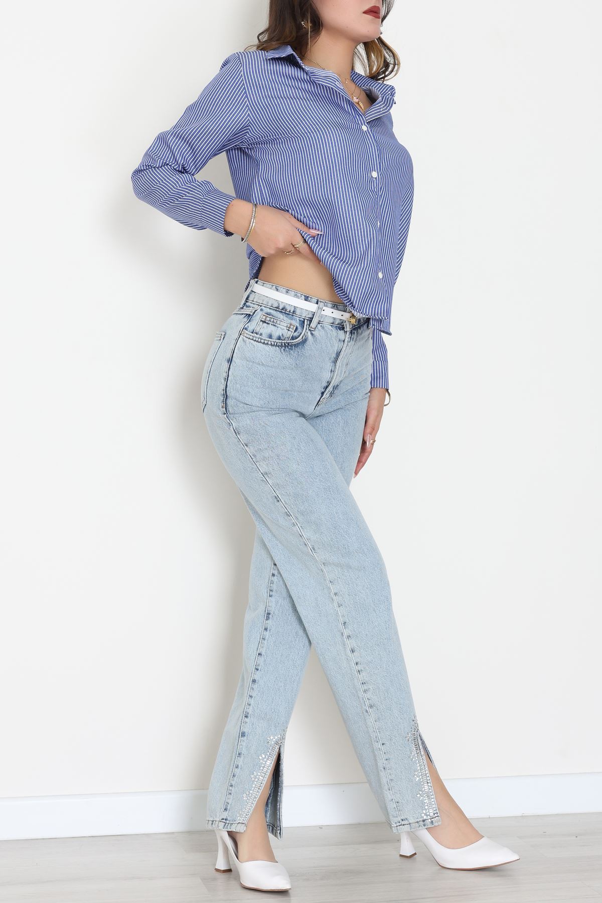 Pamuk Polyester Çizgili Gömlek Açıkmavibeyaz1 - 51064.147.