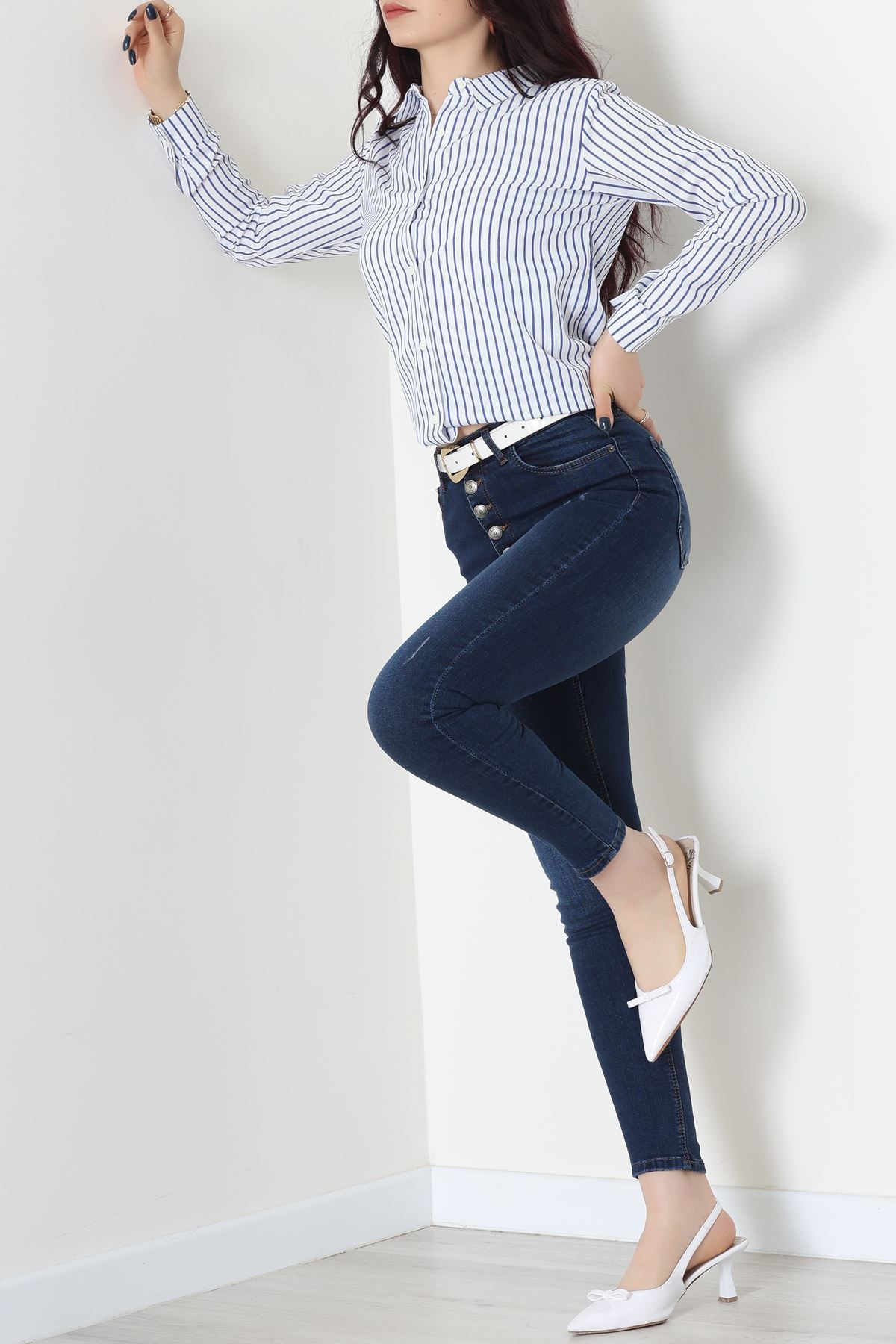 Pamuk Polyester Çizgili Gömlek Açıkmavibeyaz2 - 51064.147.