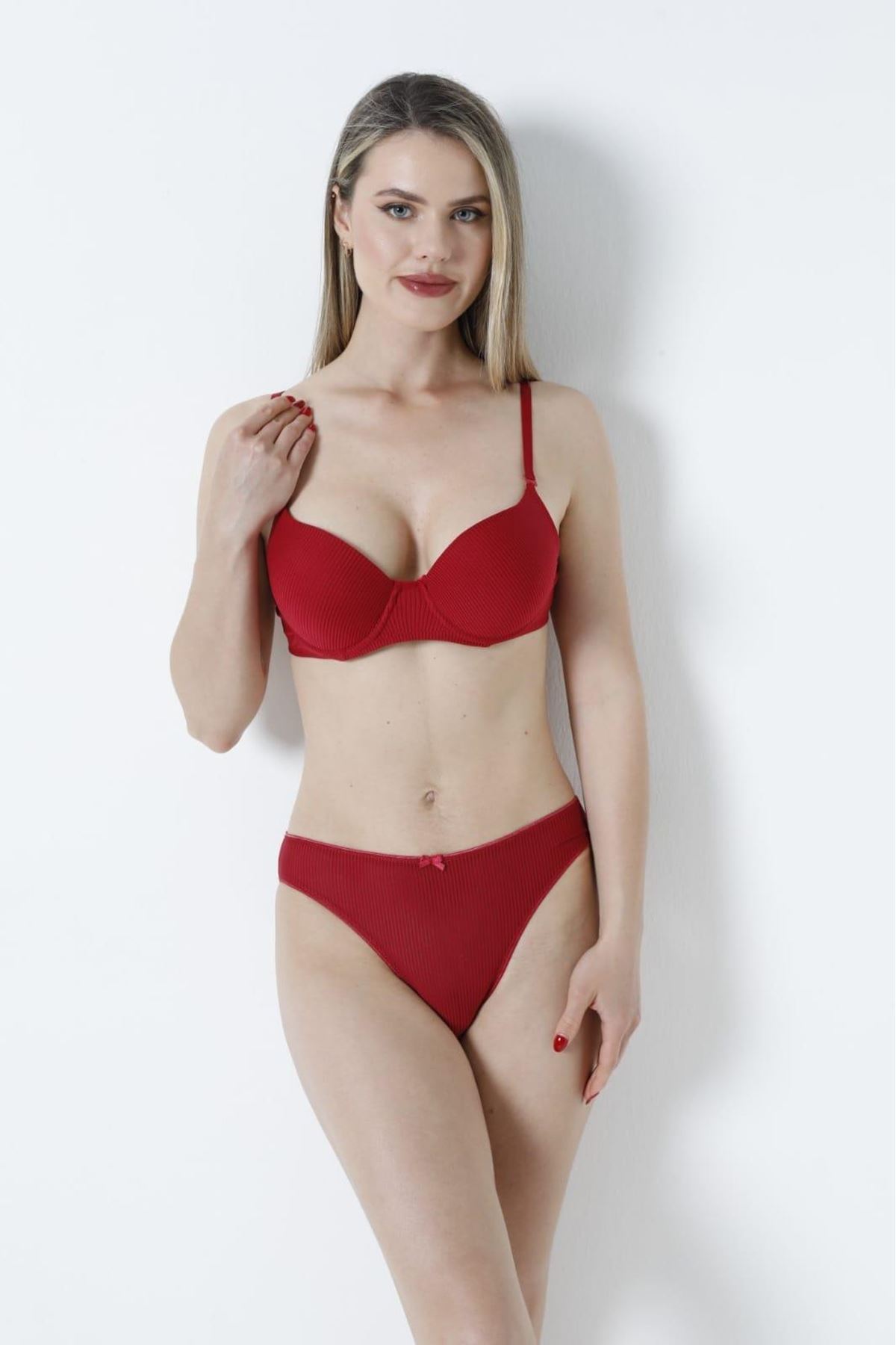 Sütyen Takım Çizgili Boş Vişne - 2530-B.1783.