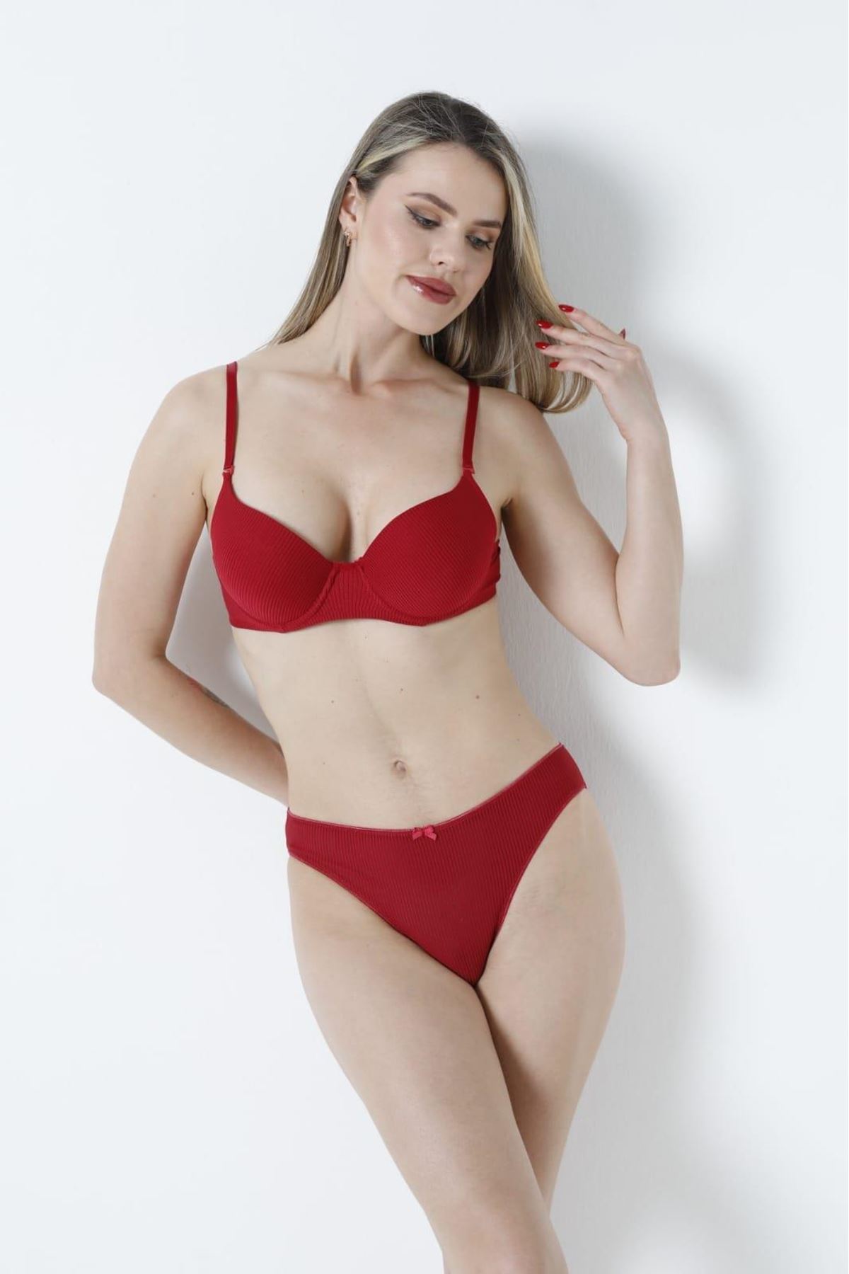 Sütyen Takım Çizgili Boş Vişne - 2530-B.1783.