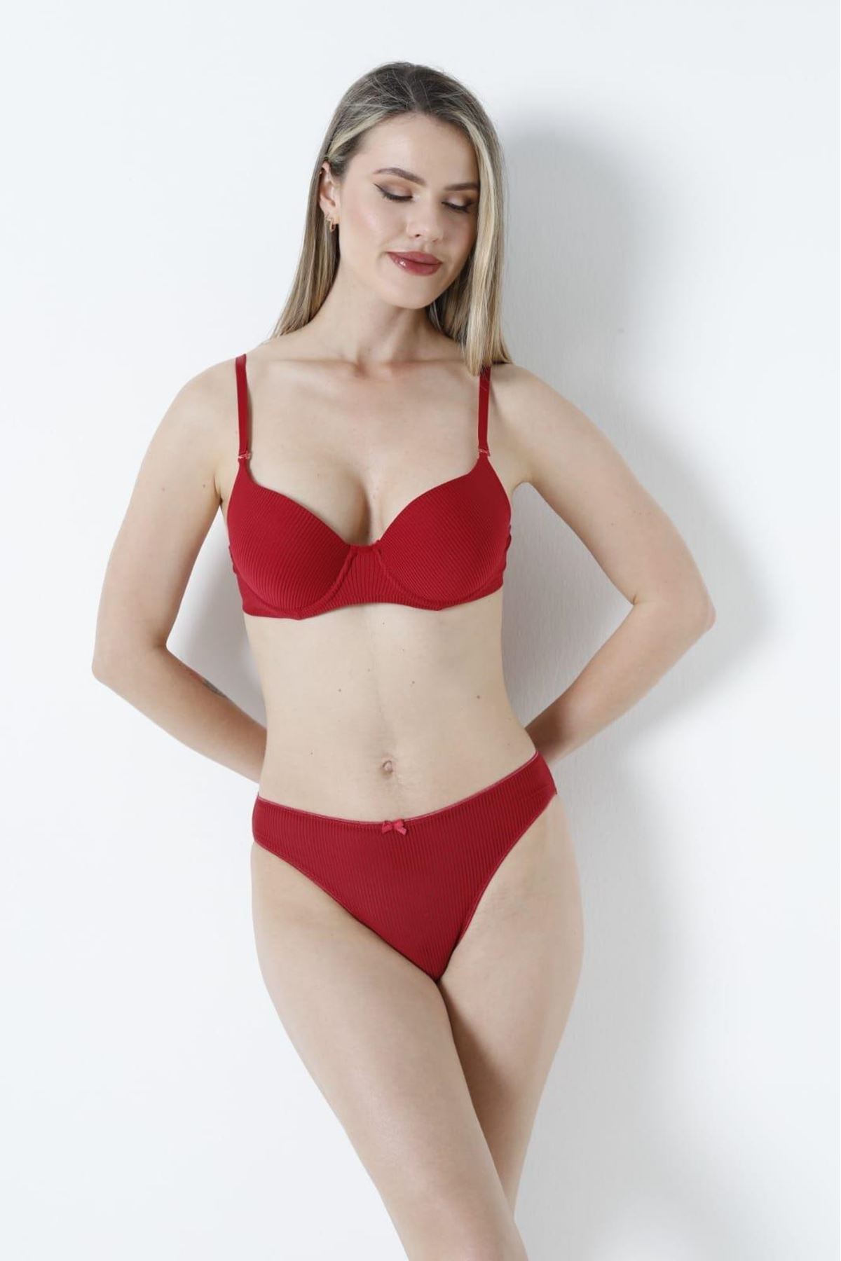 Sütyen Takım Çizgili Boş Vişne - 2530-B.1783.