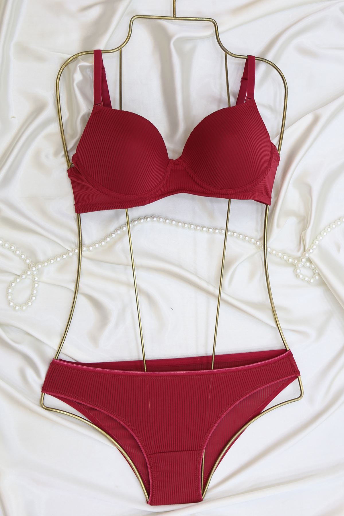 Sütyen Takım Çizgili Boş Vişne - 2530-B.1783.