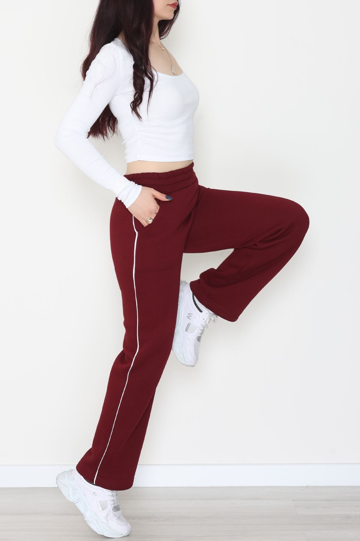 3 İplik Biyeli Palazzo Eşofman Altı Bordo - 30104.1878.