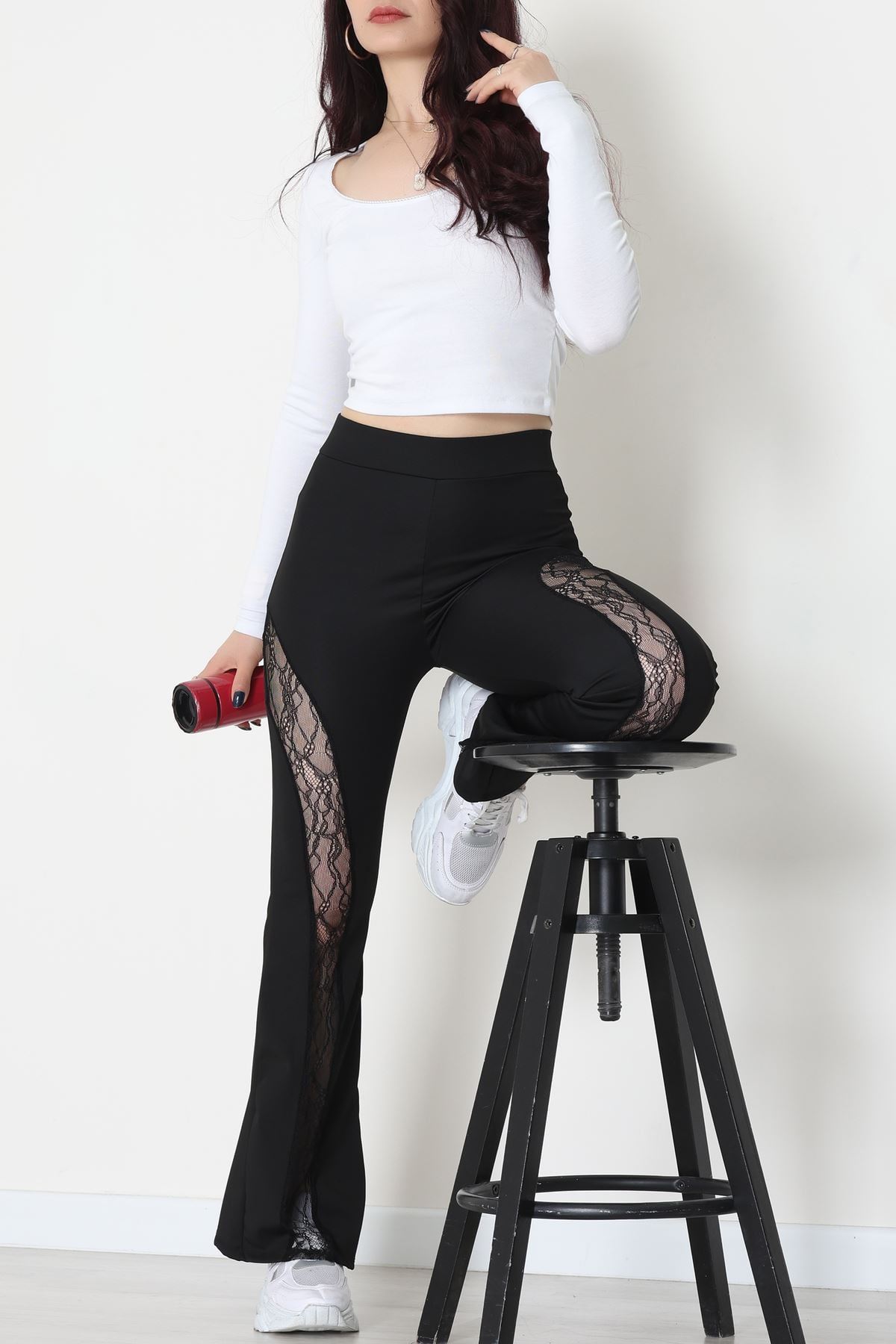 Yırtmacı Dantelli Dalgıç Tayt Siyah - 52128.1905.