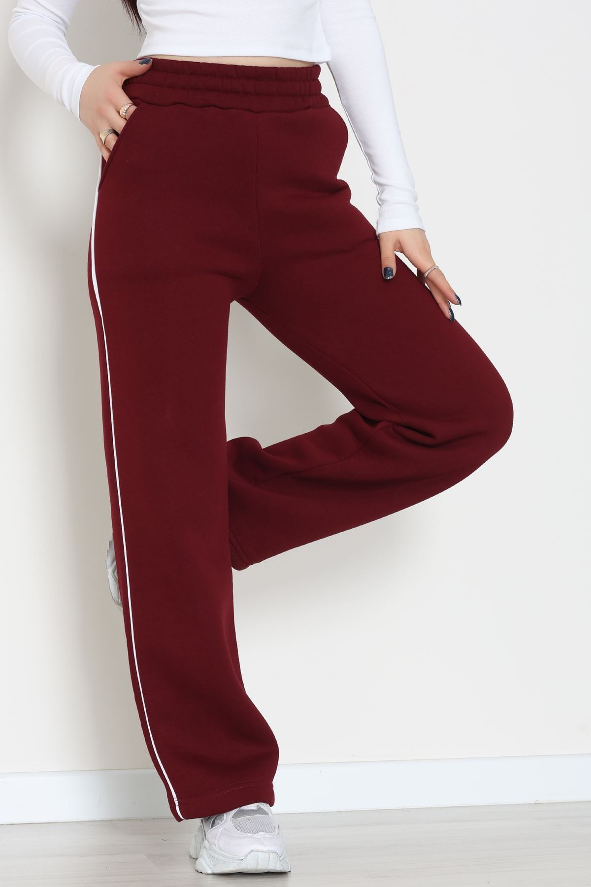 3 İplik Biyeli Palazzo Eşofman Altı Bordo - 30104.1878.