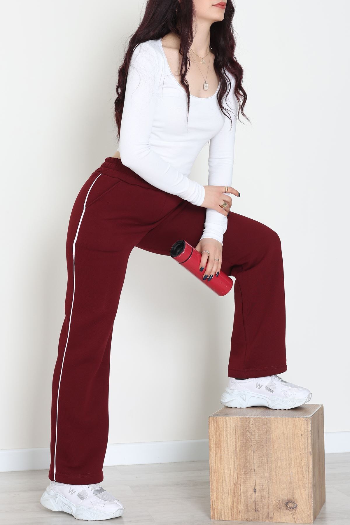 3 İplik Biyeli Palazzo Eşofman Altı Bordo - 30104.1878.