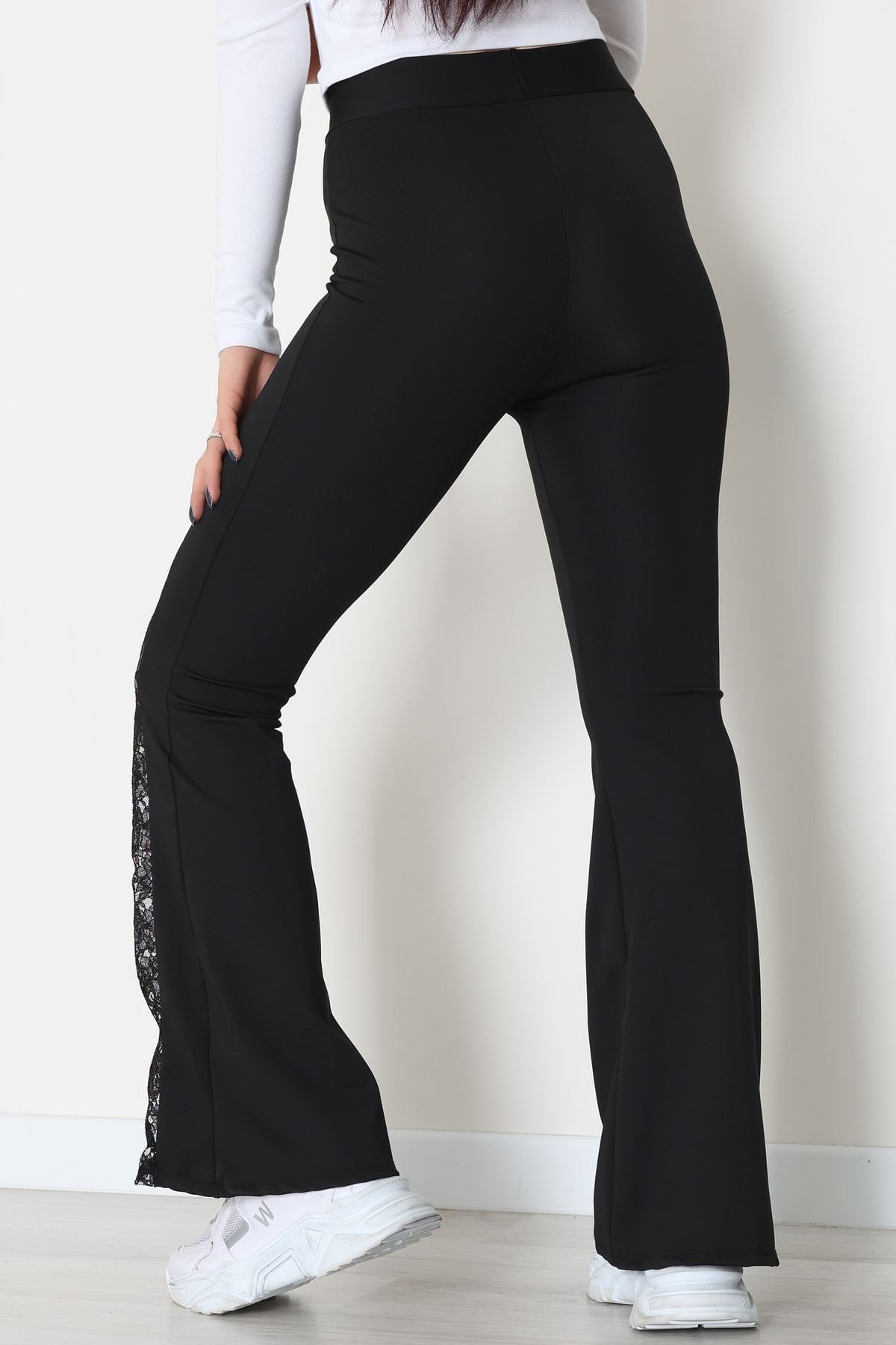 Yırtmacı Dantelli Dalgıç Tayt Siyah - 52130.1905.