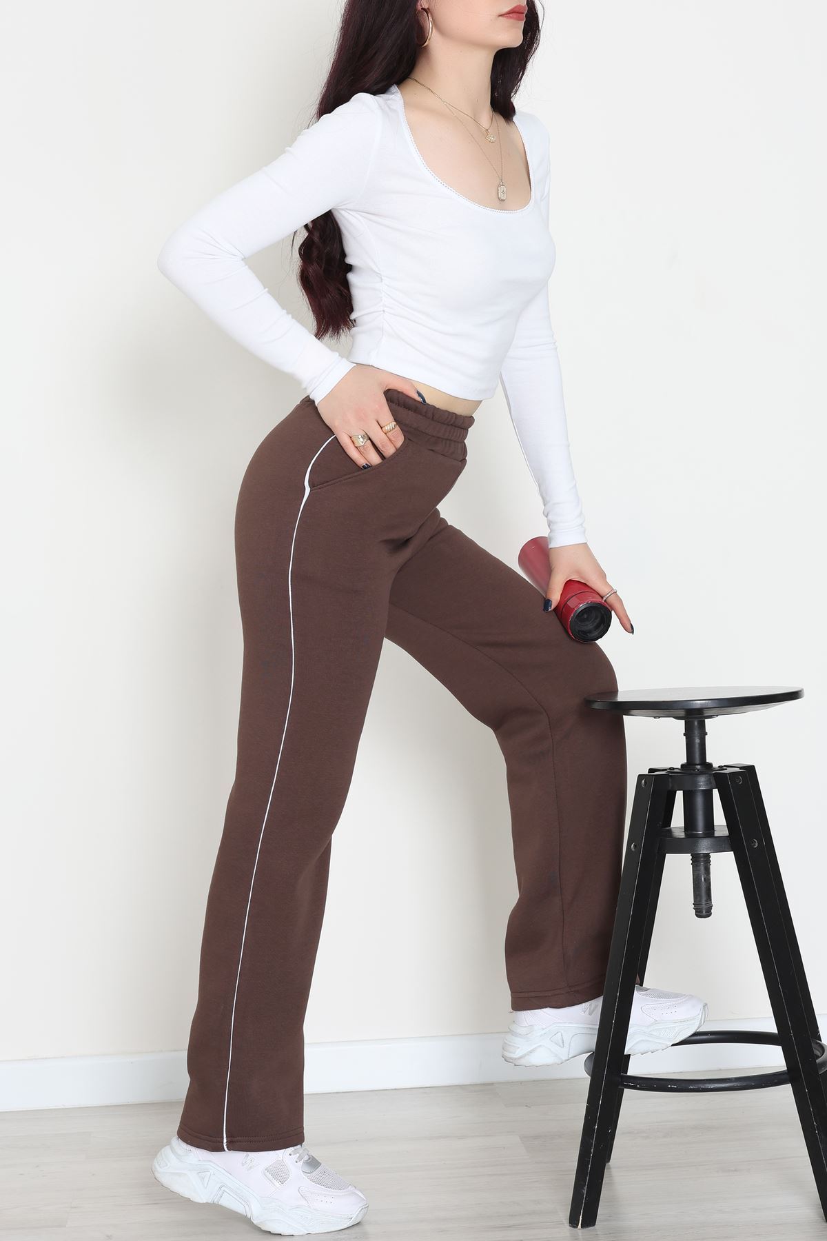 3 İplik Biyeli Palazzo Eşofman Altı Acıkahve - 30104.1878.