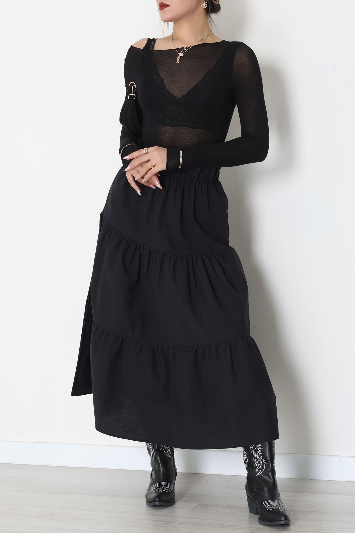 Pamuklu Dokuma Çingene Etek Siyah - 51058.1837.