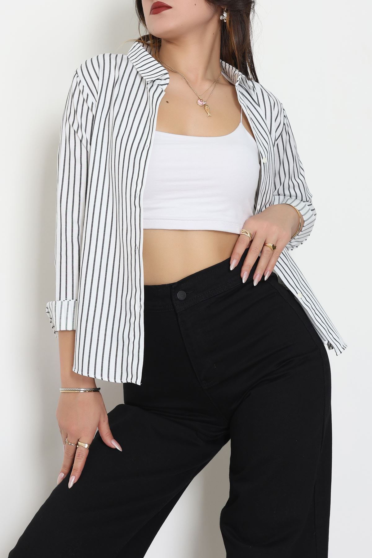 Pamuk Polyester Çizgili Gömlek Beyazsiyah - 51064.147.