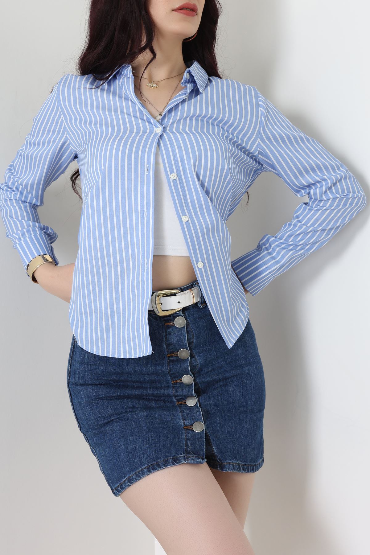 Pamuk Polyester Çizgili Gömlek Koyumavibeyaz3 - 51064.147.