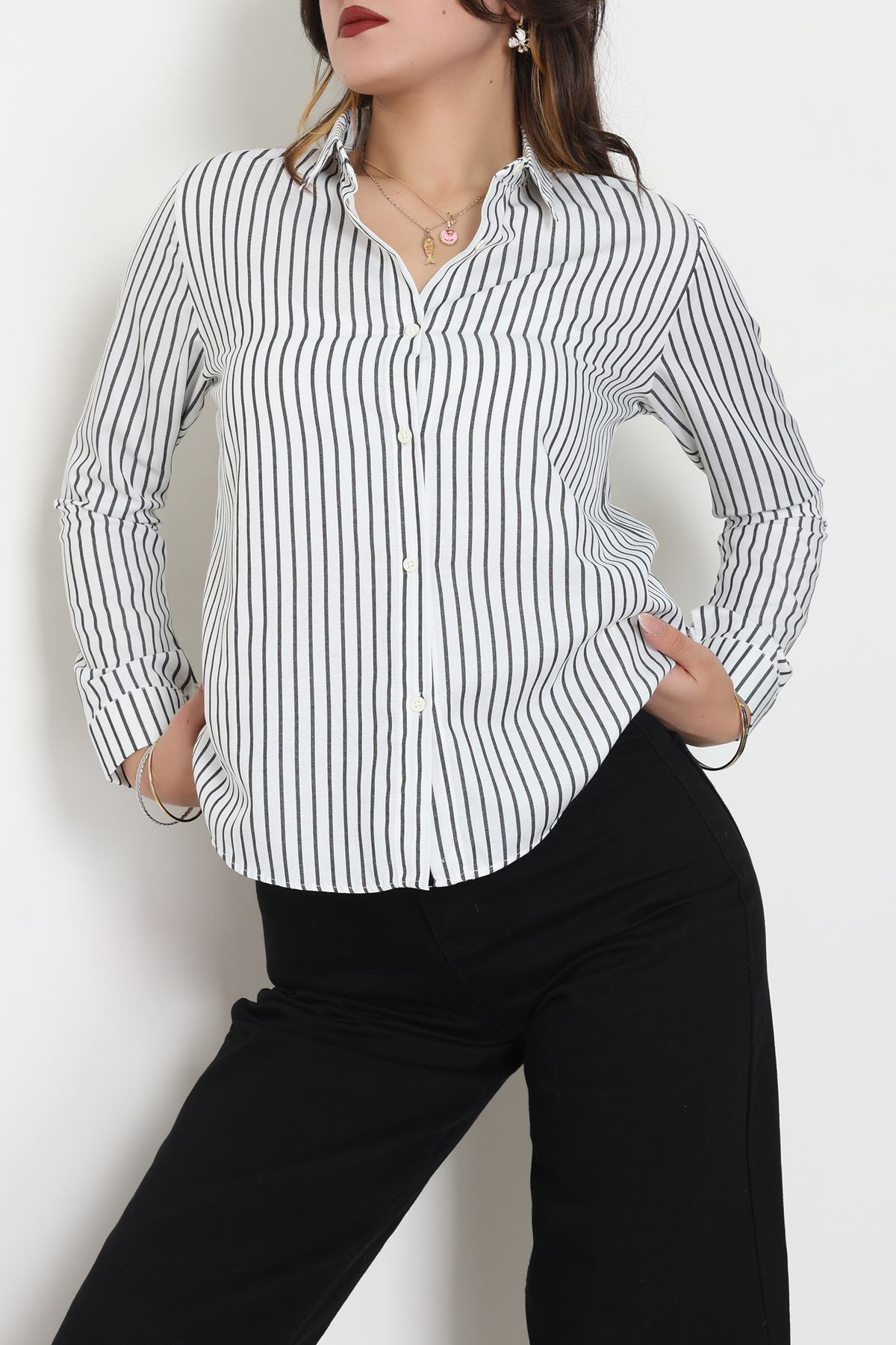 Pamuk Polyester Çizgili Gömlek Beyazsiyah - 51064.147.