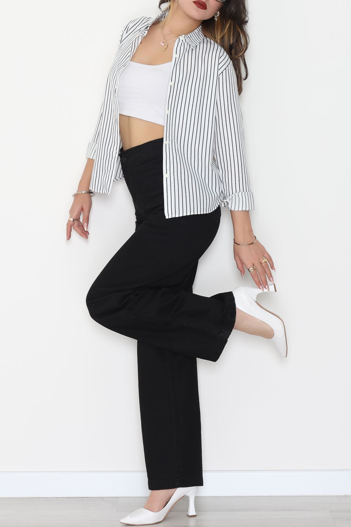 Pamuk Polyester Çizgili Gömlek Beyazsiyah - 51064.147.