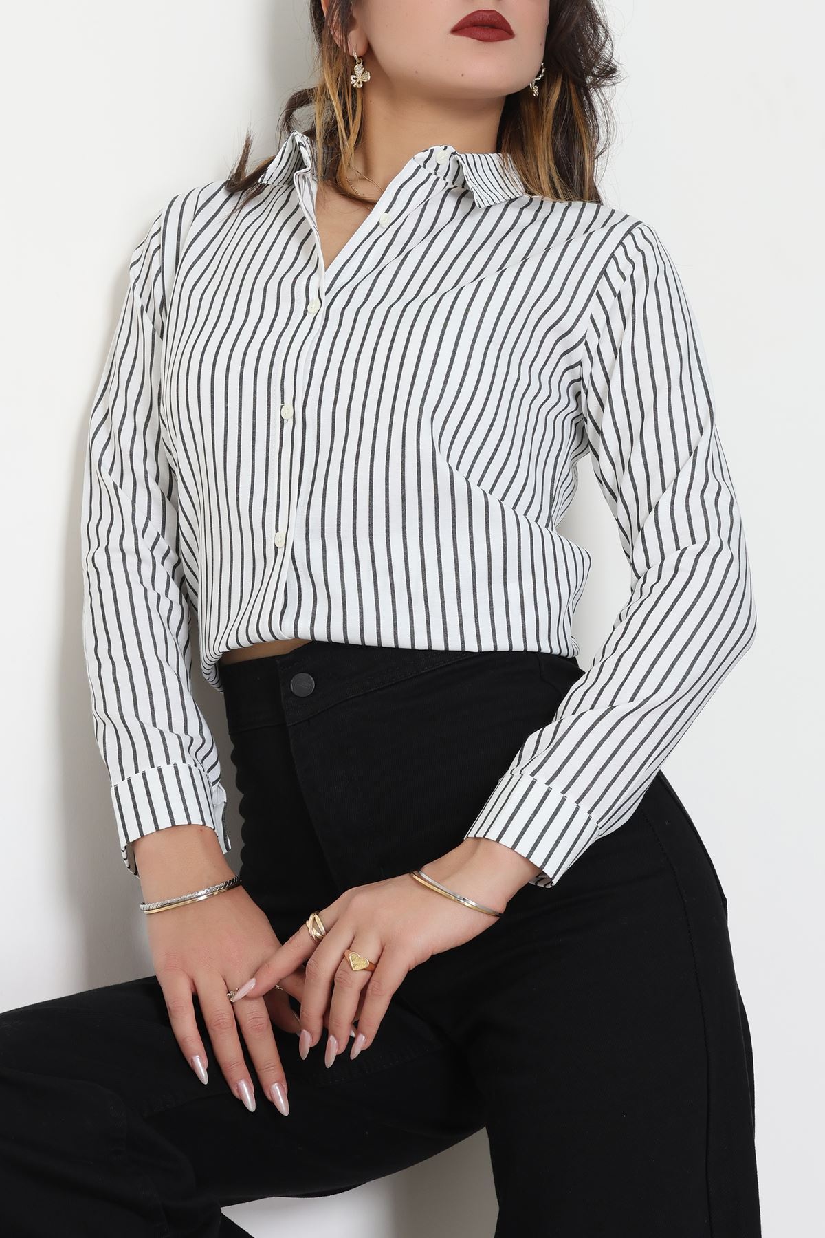 Pamuk Polyester Çizgili Gömlek Beyazsiyah - 51064.147.