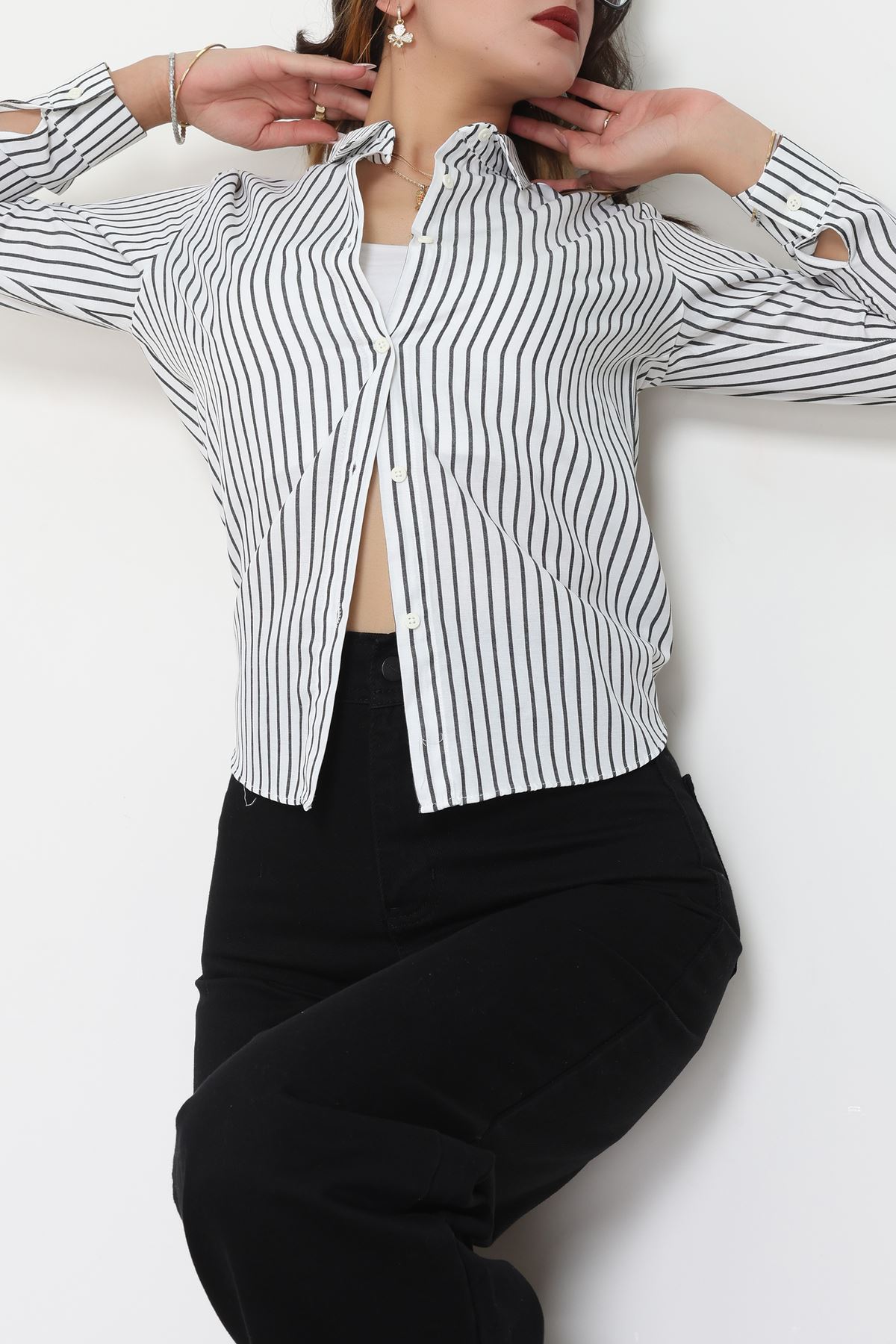 Pamuk Polyester Çizgili Gömlek Beyazsiyah - 51064.147.