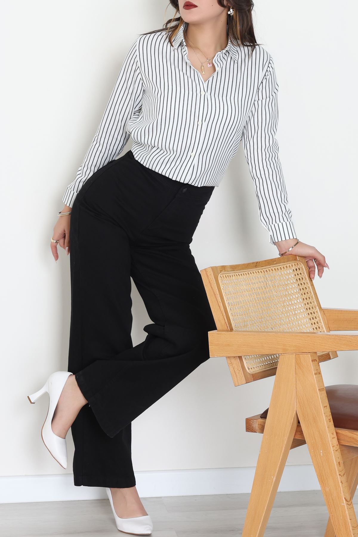 Pamuk Polyester Çizgili Gömlek Beyazsiyah - 51064.147.