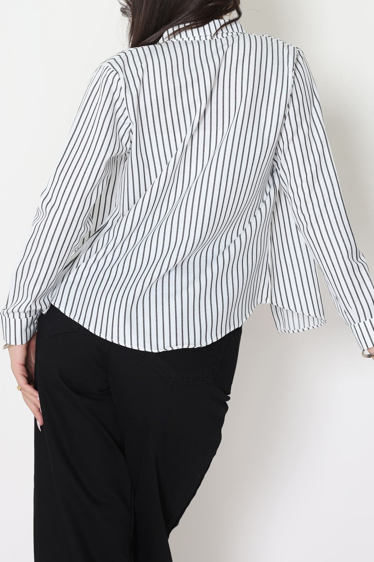 Pamuk Polyester Çizgili Gömlek Beyazsiyah - 51064.147.