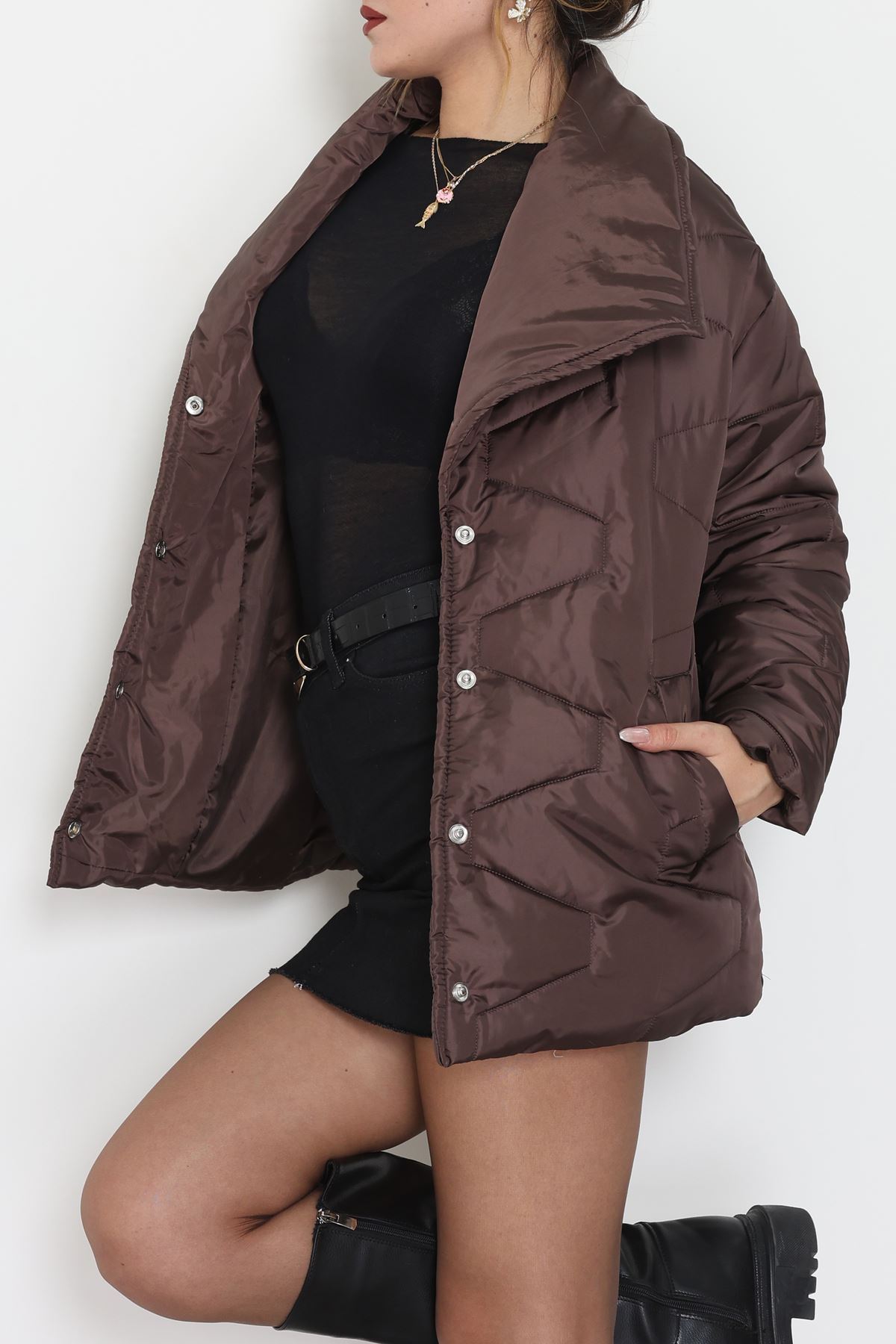 Bağlamalı Astarlı Kapitone Mont Acıkahve - 31633.439.