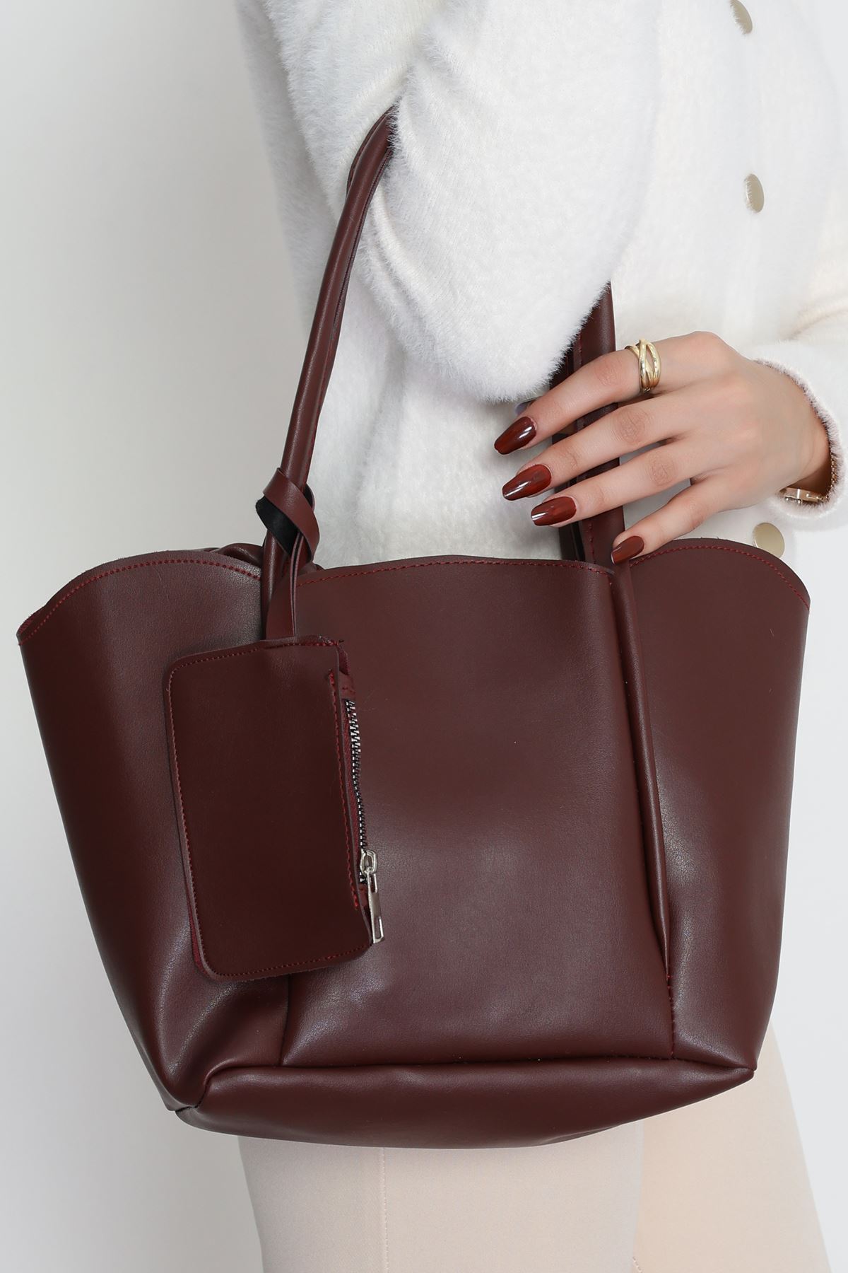 Makyaj Çantalı Ve Cüzdanlı Omuz Çantası Bordo - 31397.2063.