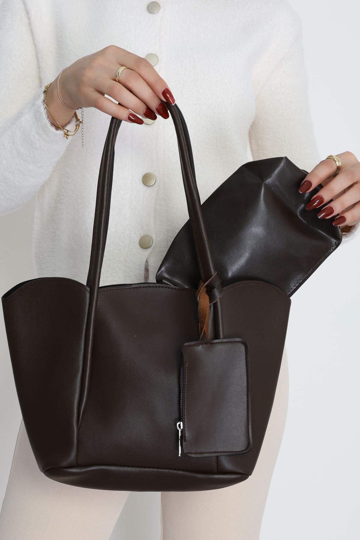 Makyaj Çantalı Ve Cüzdanlı Omuz Çantası Acıkahve - 31397.2063.