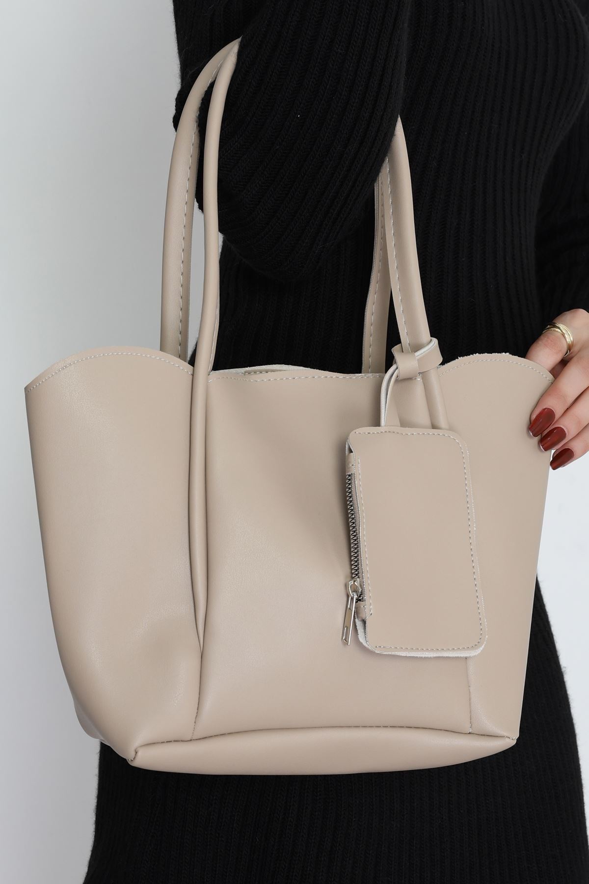 Makyaj Çantalı Ve Cüzdanlı Omuz Çantası Vizon - 31397.2063.