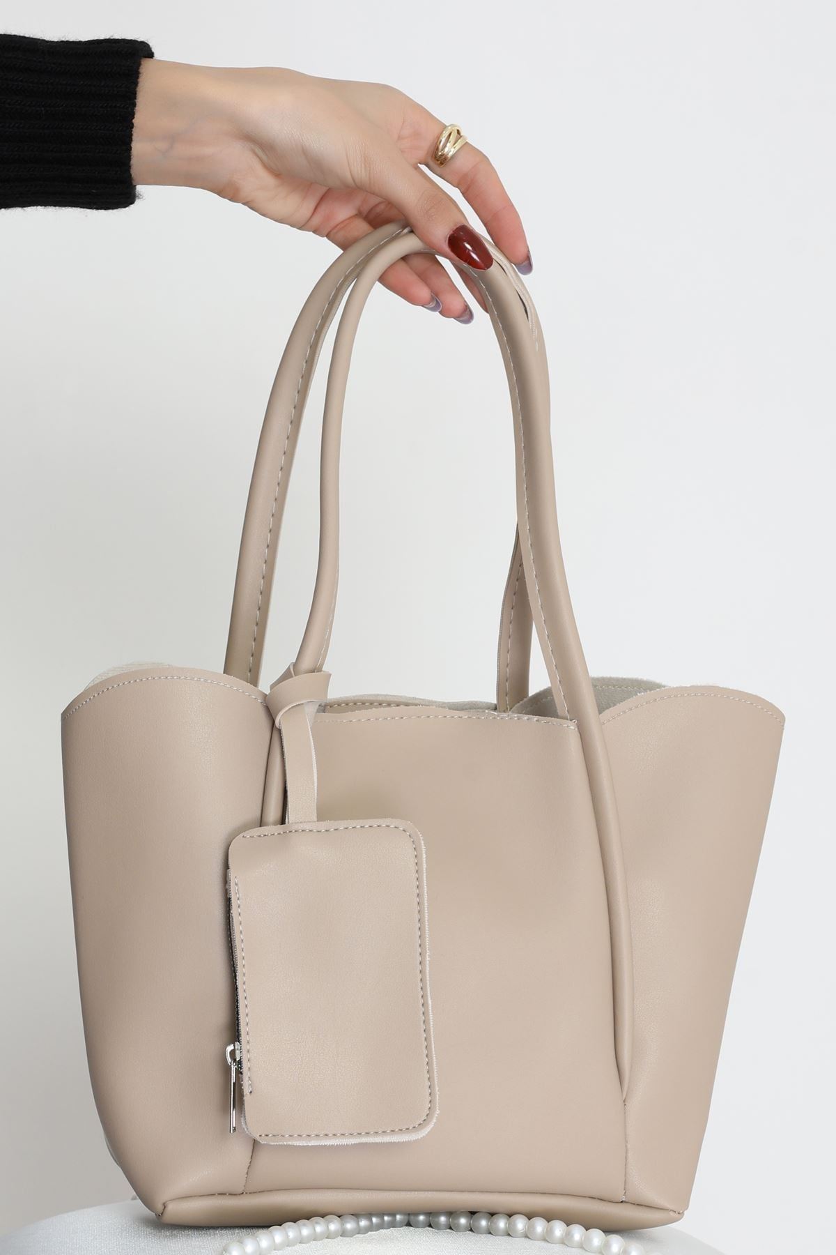 Makyaj Çantalı Ve Cüzdanlı Omuz Çantası Vizon - 31397.2063.