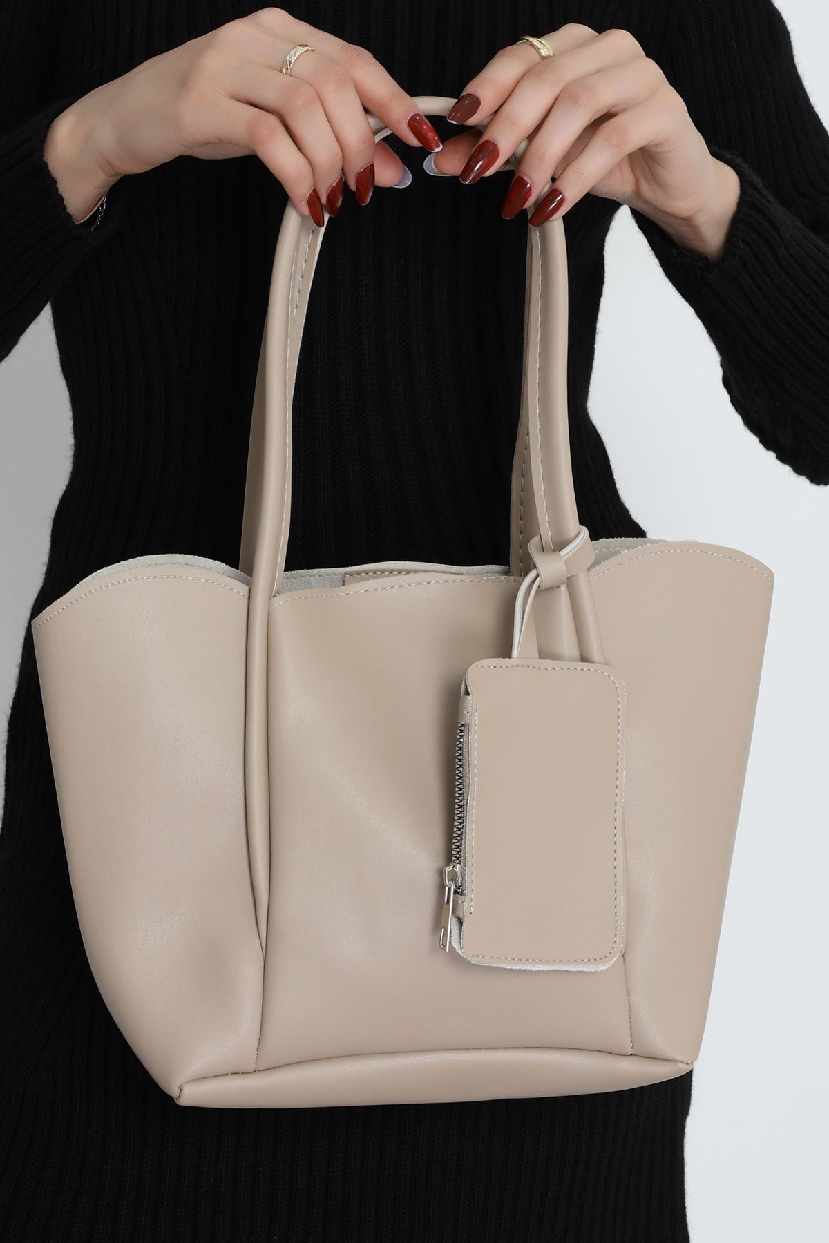 Makyaj Çantalı Ve Cüzdanlı Omuz Çantası Vizon - 31397.2063.