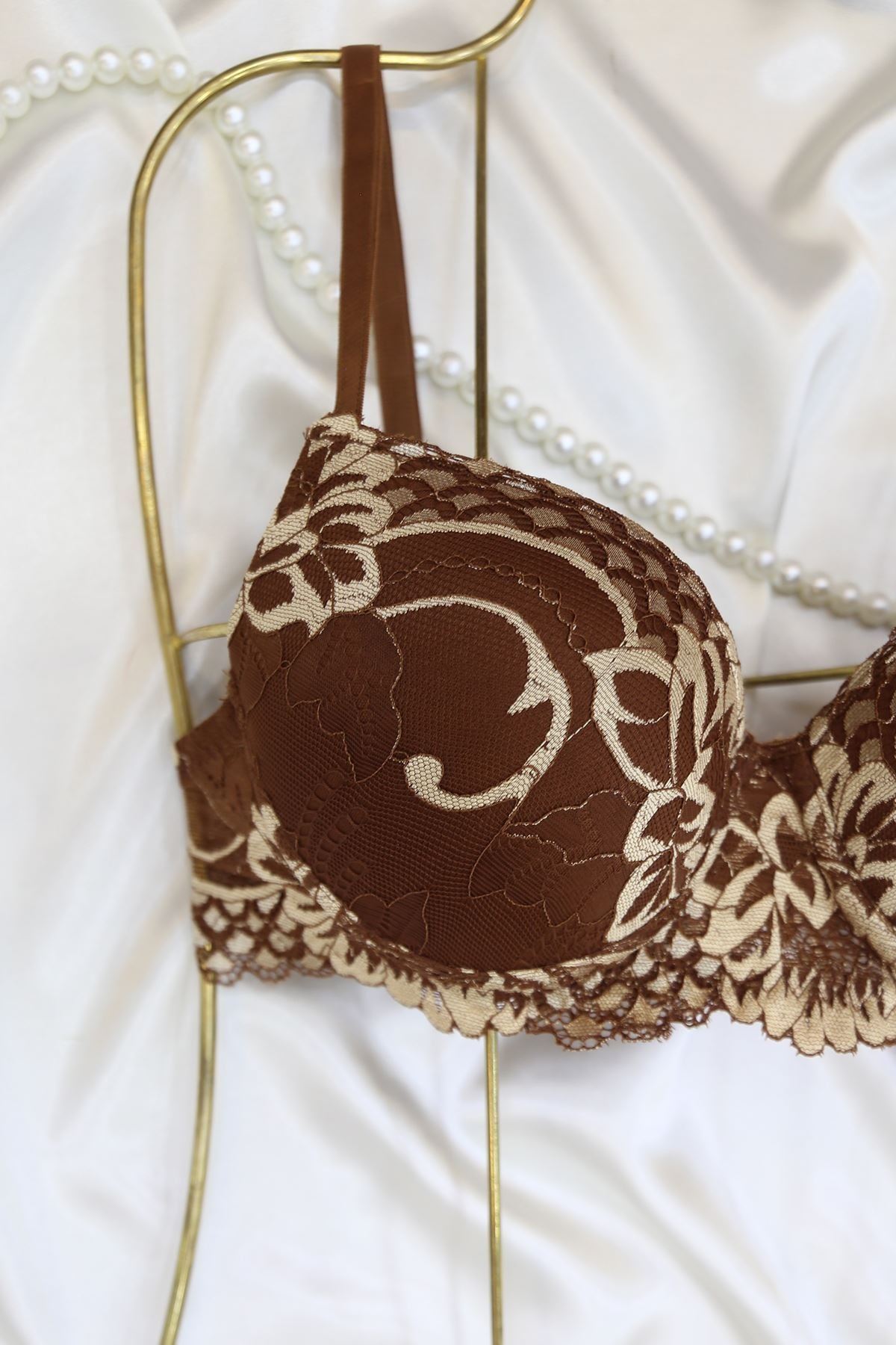 Çift Renk Dantel Detaylı Sütyen Dolu Kap Kahvebej - 2558.1783.