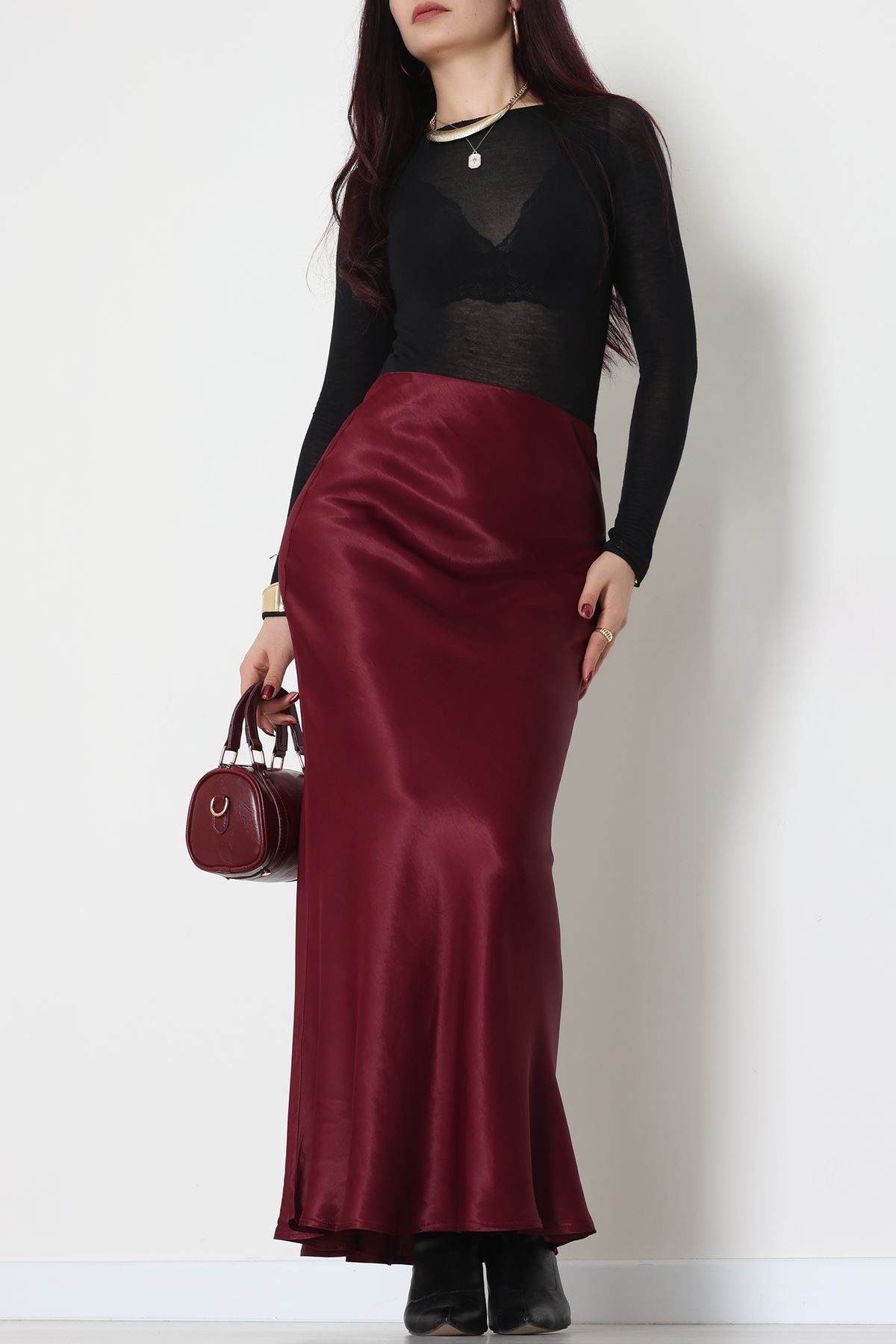 Beli Lastikli Verev Kesim Saten Etek Bordo - 51242.2077.