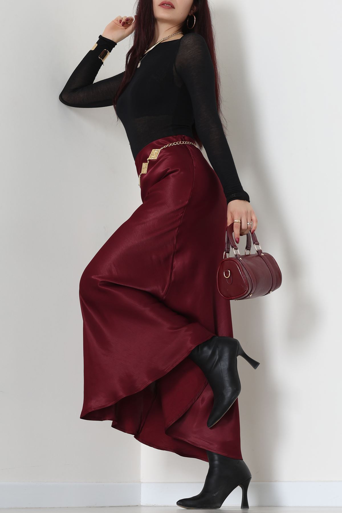 Beli Lastikli Verev Kesim Saten Etek Bordo - 51242.2077.