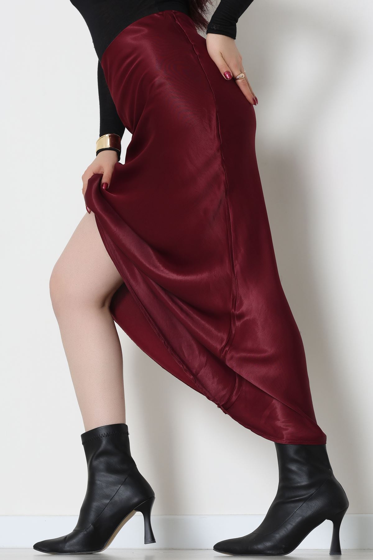 Beli Lastikli Verev Kesim Saten Etek Bordo - 51242.2077.