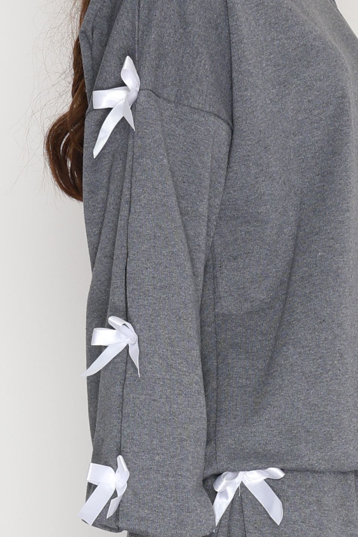 Özel Tasarımlı İki İplik Kurdeleli Eşofman Takım Füme - 70165.1857.