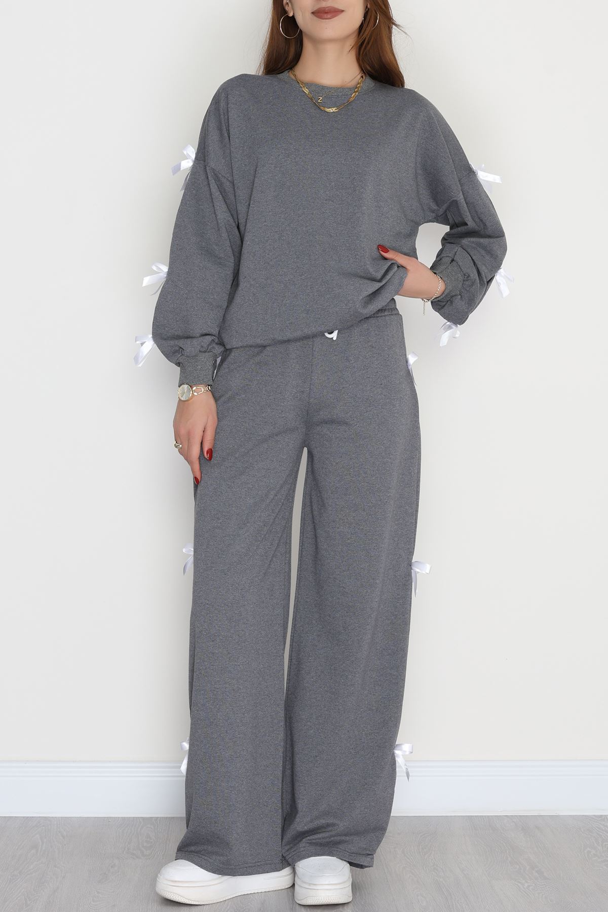 Özel Tasarımlı İki İplik Kurdeleli Eşofman Takım Füme - 70165.1857.