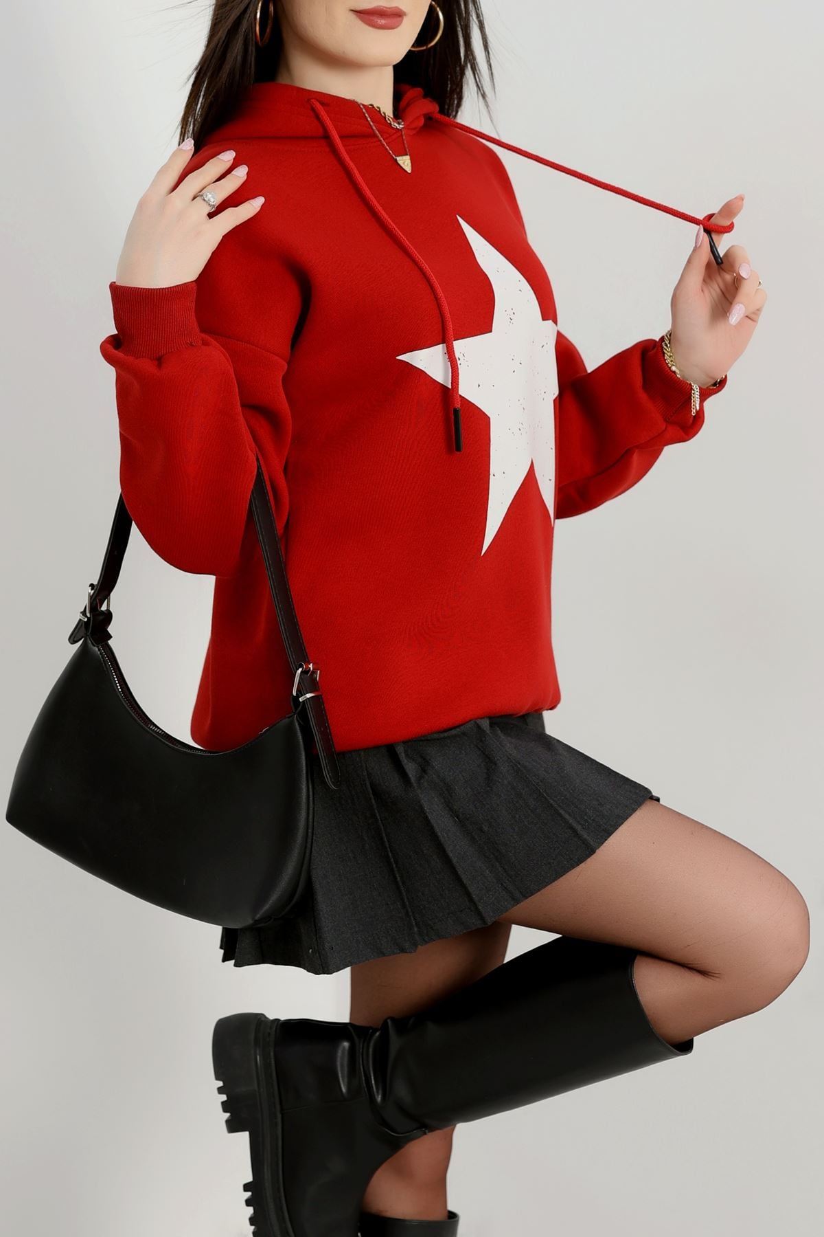 3 İplik Kapşonlu Baskılı Sweat Bordoekru - 42225.1878.