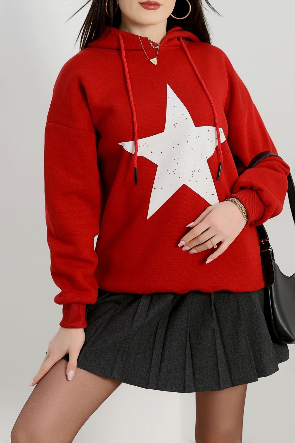 3 İplik Kapşonlu Baskılı Sweat Bordoekru - 42225.1878.