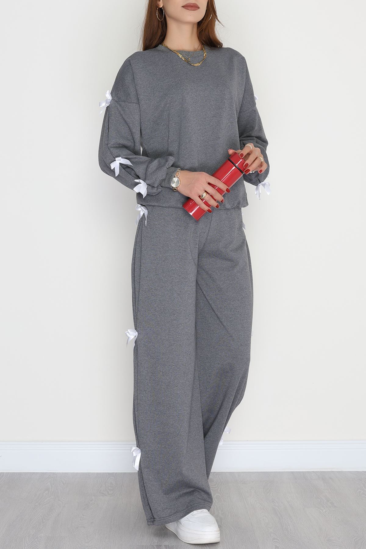 Özel Tasarımlı İki İplik Kurdeleli Eşofman Takım Füme - 70165.1857.