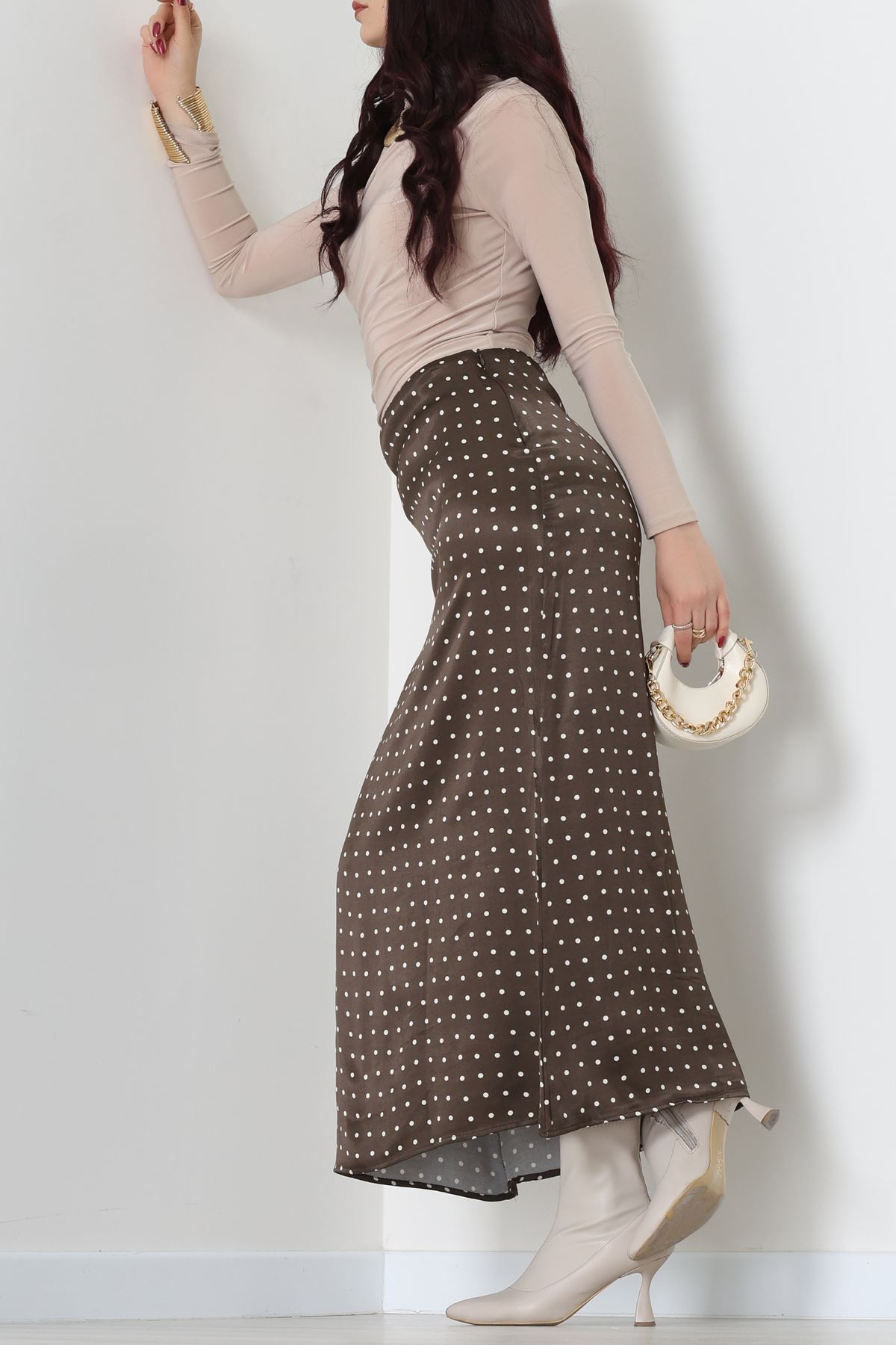 Bel Lastikli Desenli Saten Etek Kahvepuantiye - 51239.2077.