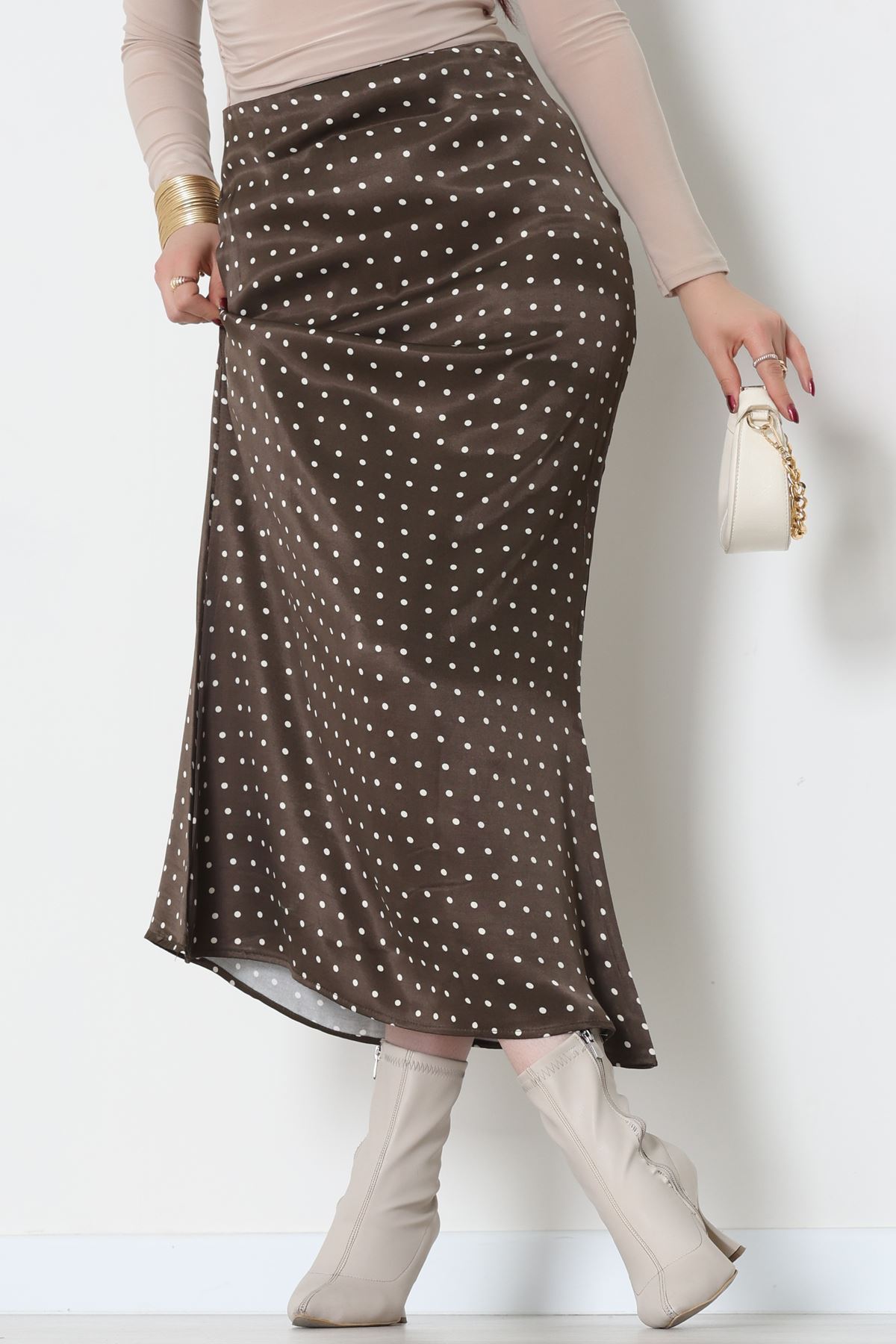 Bel Lastikli Desenli Saten Etek Kahvepuantiye - 51239.2077.