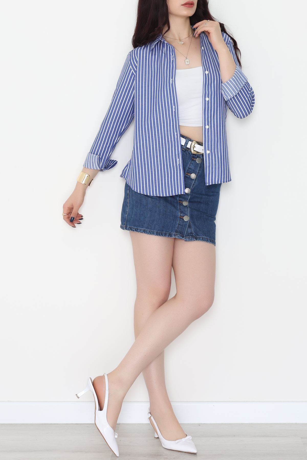 Pamuk Polyester Çizgili Gömlek Koyumavibeyaz - 51064.147.