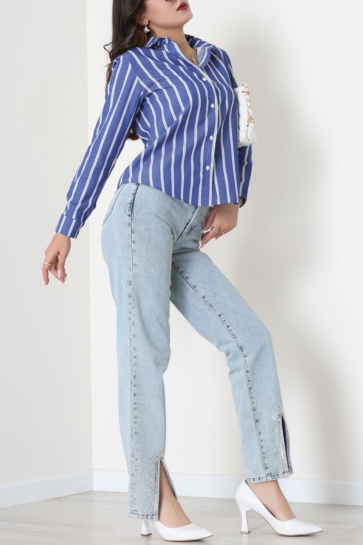 Pamuk Polyester Çizgili Gömlek Koyumavibeyaz1 - 51064.147.