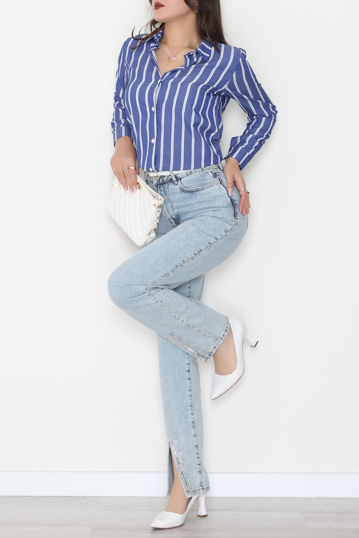 Pamuk Polyester Çizgili Gömlek Koyumavibeyaz1 - 51064.147.