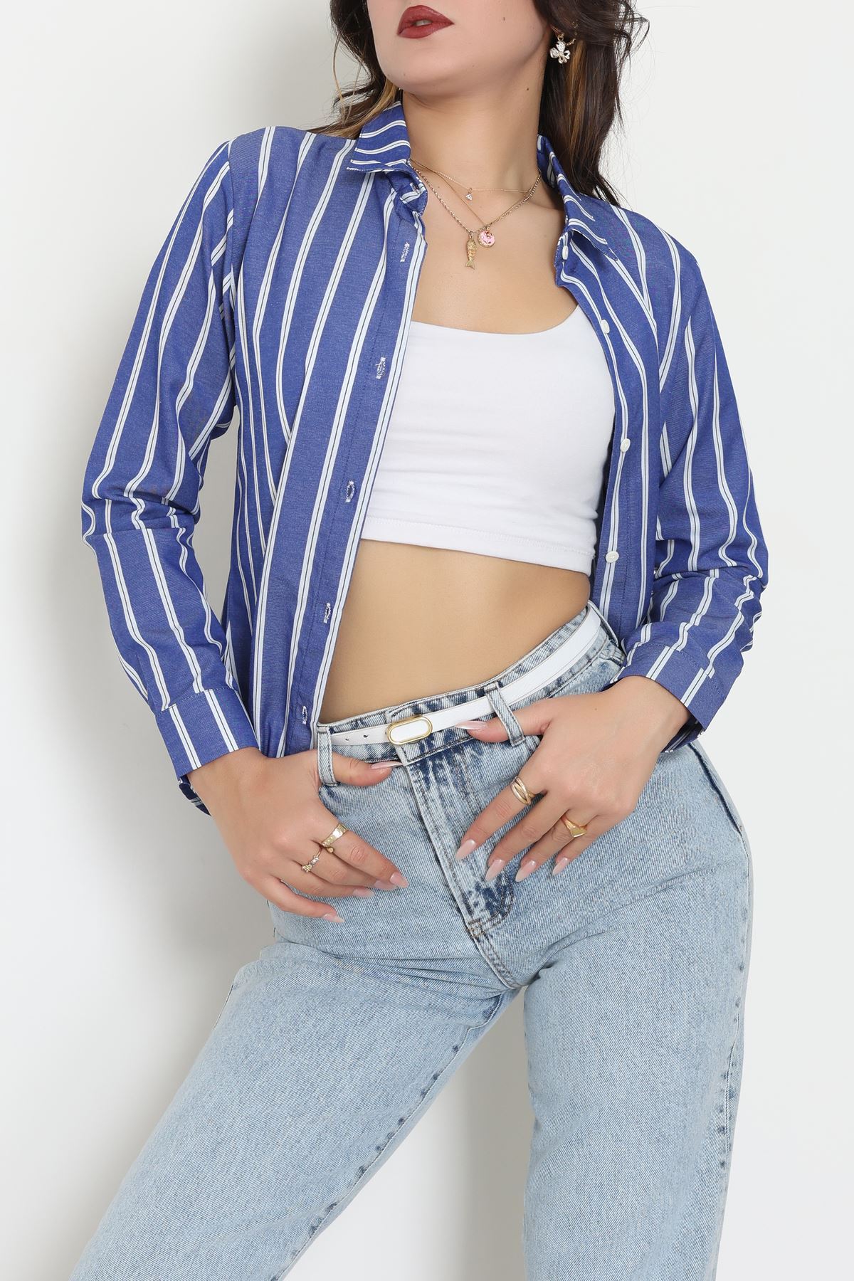 Pamuk Polyester Çizgili Gömlek Koyumavibeyaz1 - 51064.147.