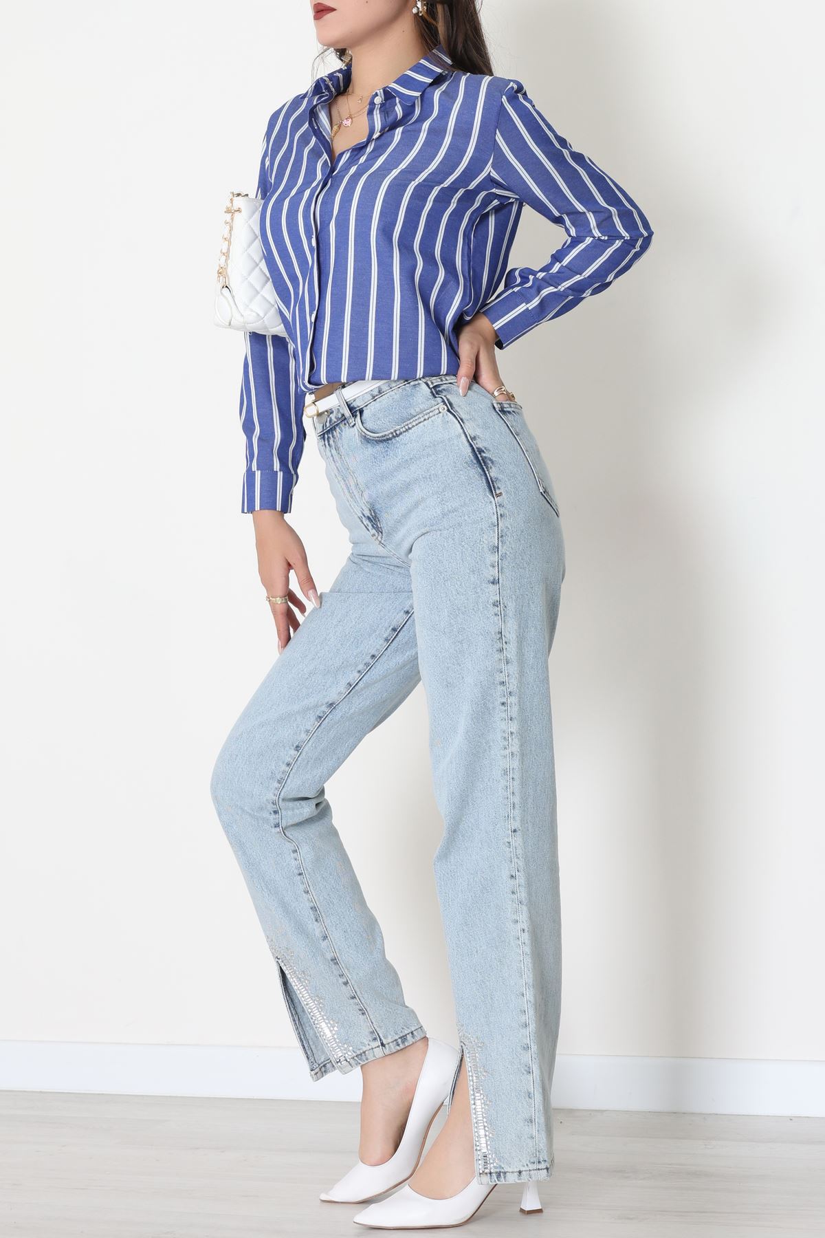 Pamuk Polyester Çizgili Gömlek Koyumavibeyaz1 - 51064.147.