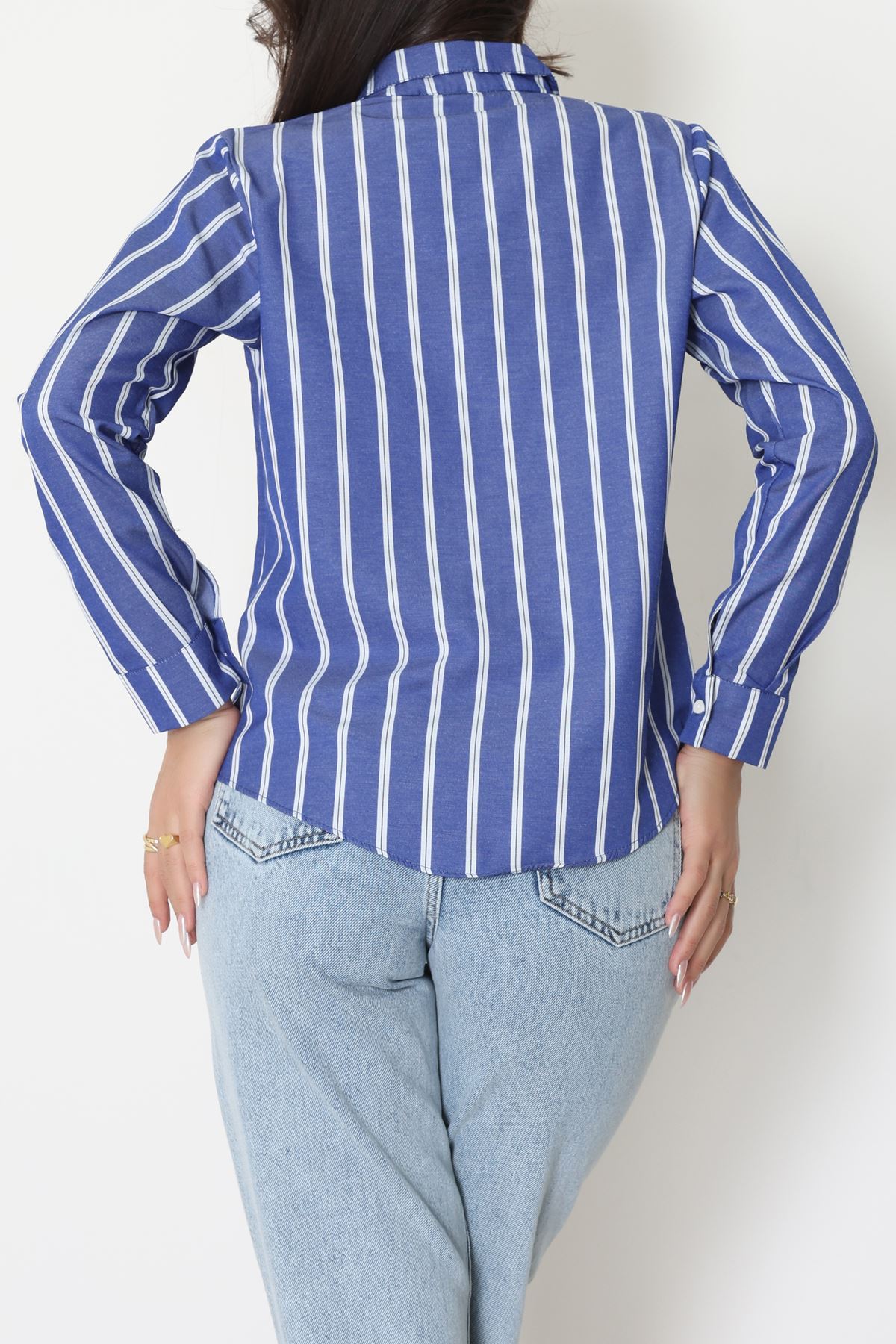 Pamuk Polyester Çizgili Gömlek Koyumavibeyaz1 - 51064.147.