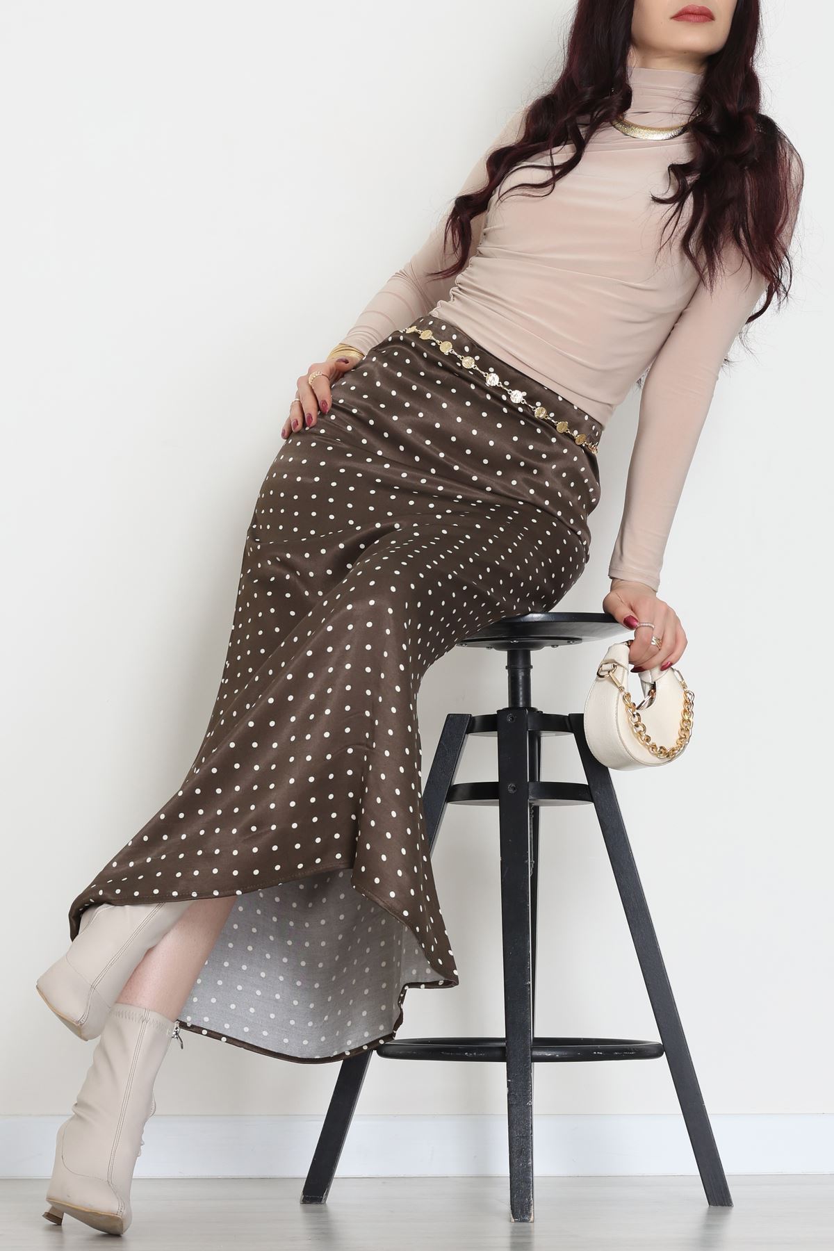 Bel Lastikli Desenli Saten Etek Kahvepuantiye - 51239.2077.