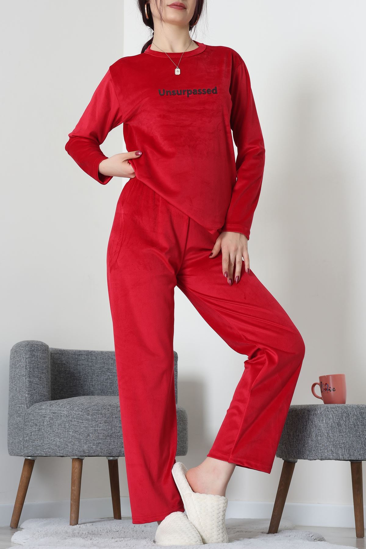 Fransız Kadife Baskılı Takım Kırmızı - 465.1287.