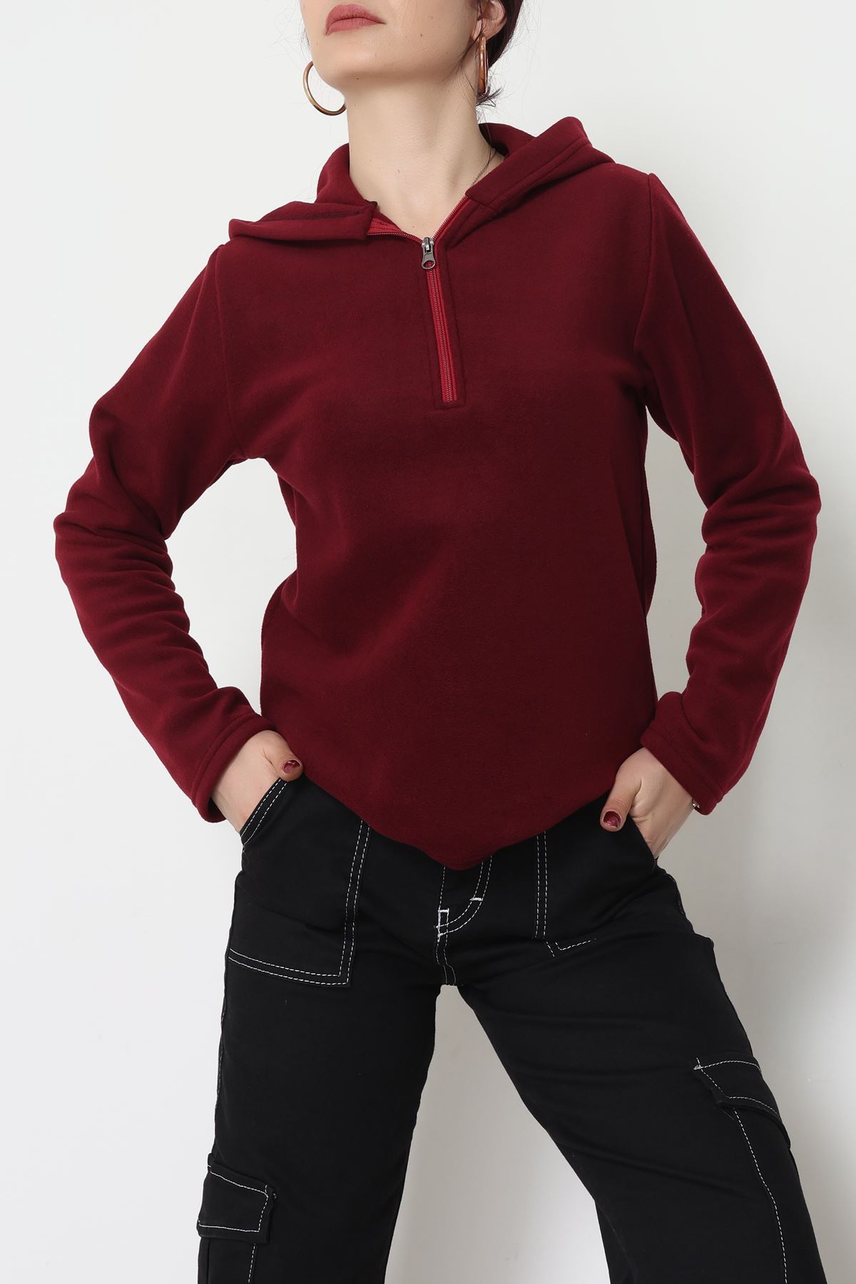 Yaka Fermuarlı Polar Sweat Bordo - 52034.053.